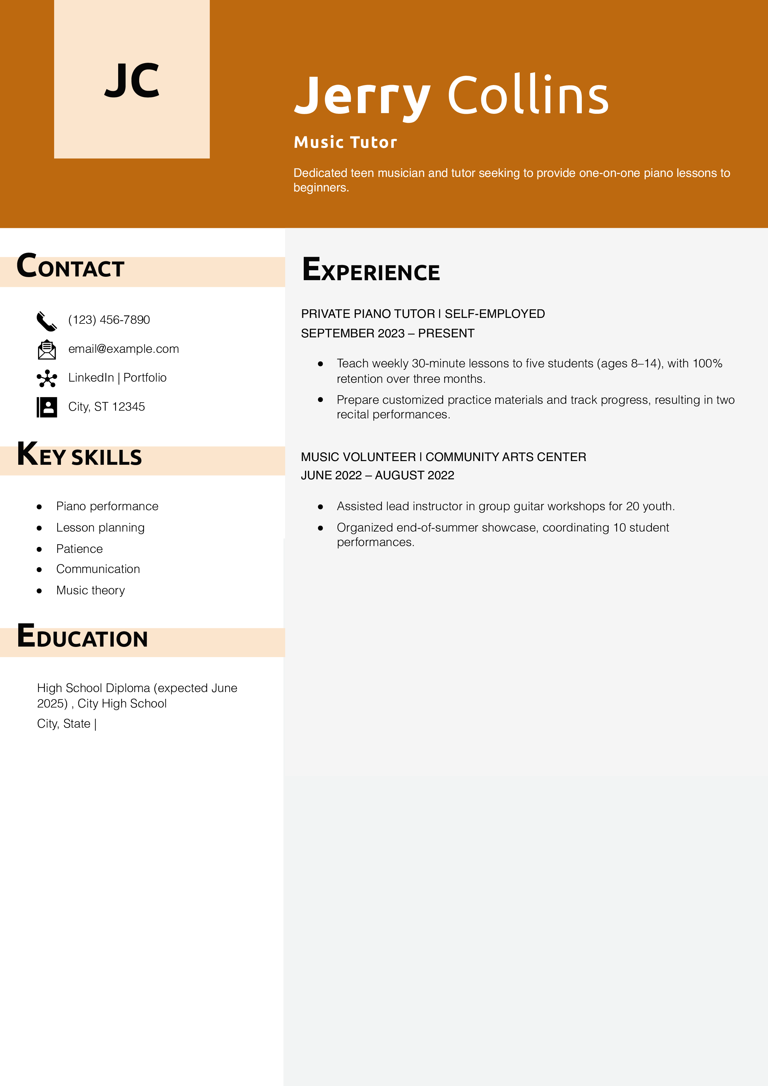 Music Tutor Resume Example