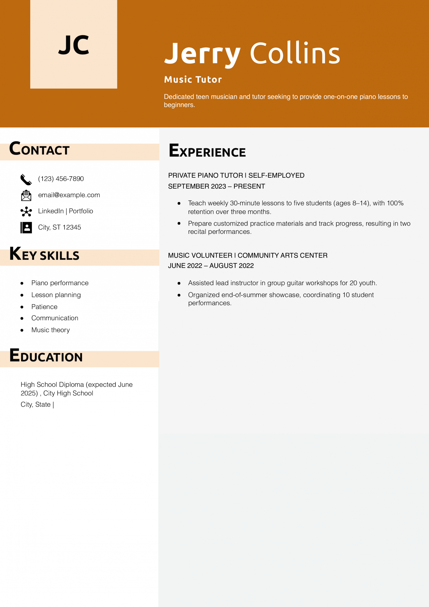 Music Tutor Resume Example