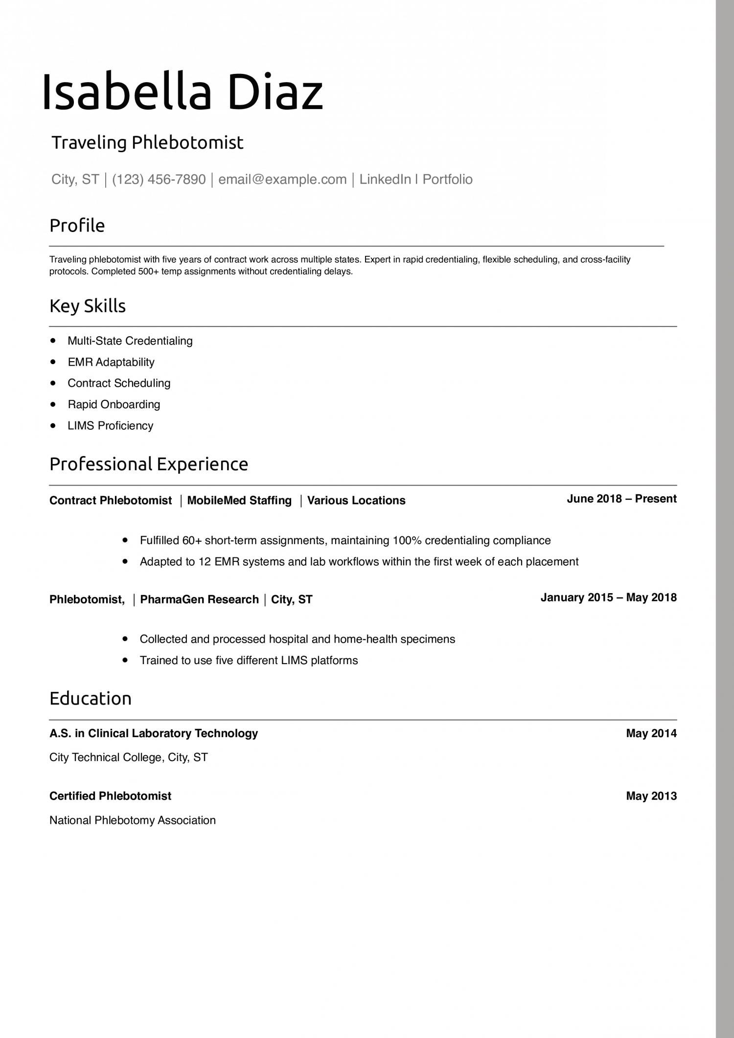 Traveling Phlebotomist Resume Example