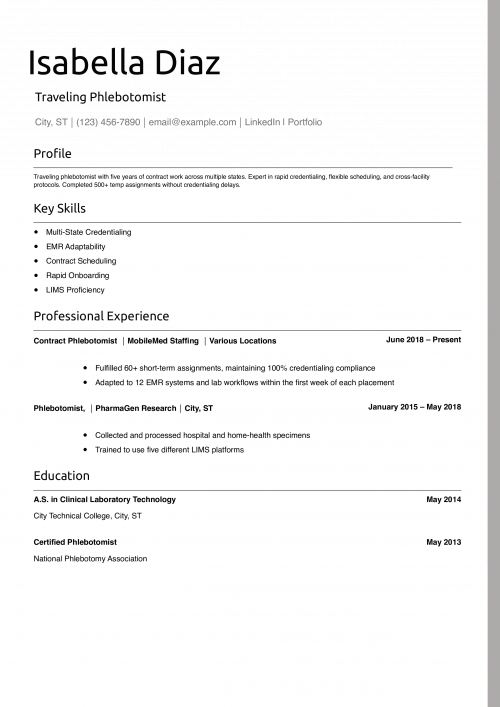 Traveling Phlebotomist Resume Example