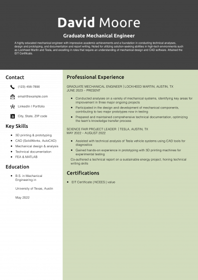 Graduate Mechanical Engineer Resume Example