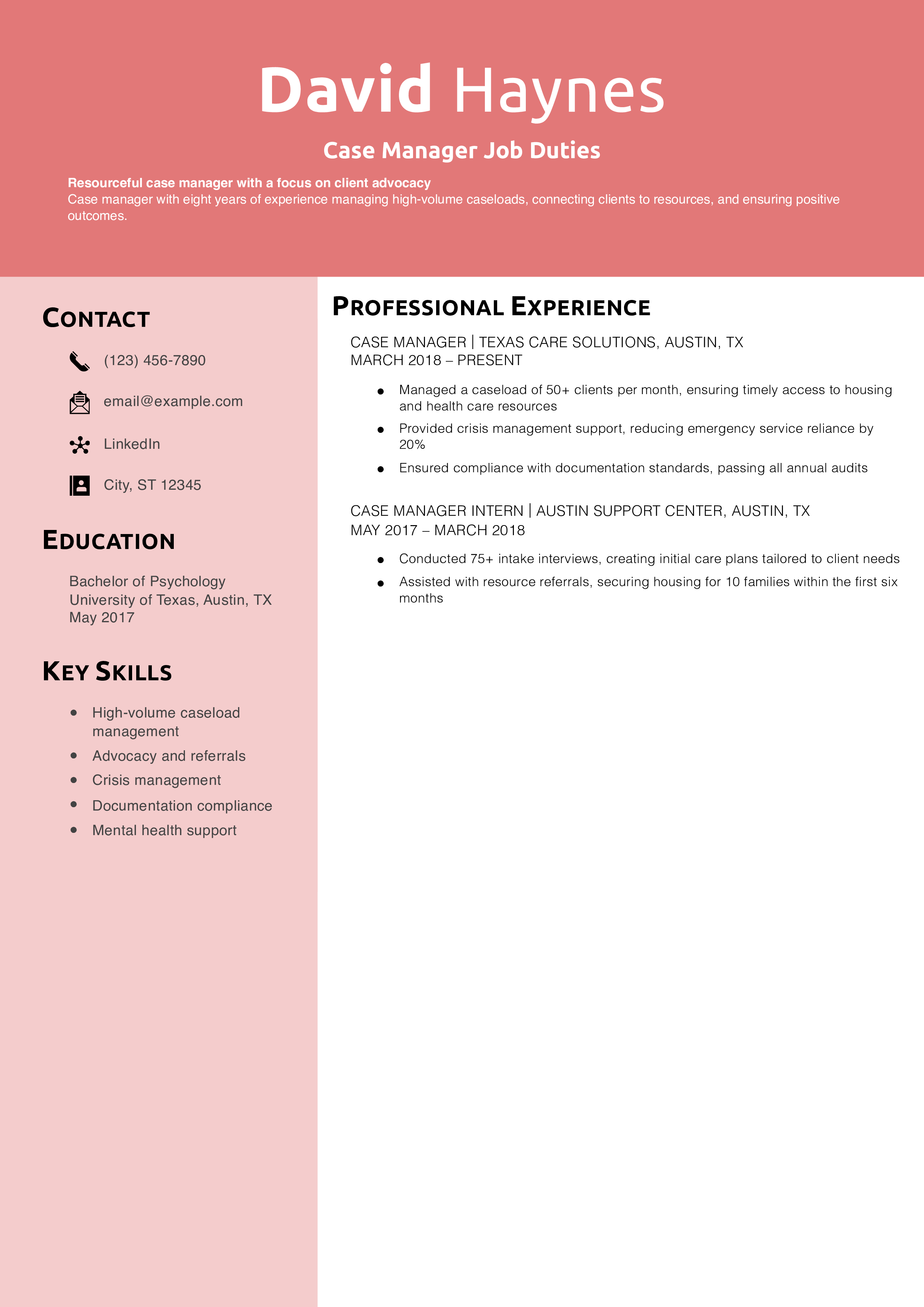 Case Manager Job Duties Resume Example