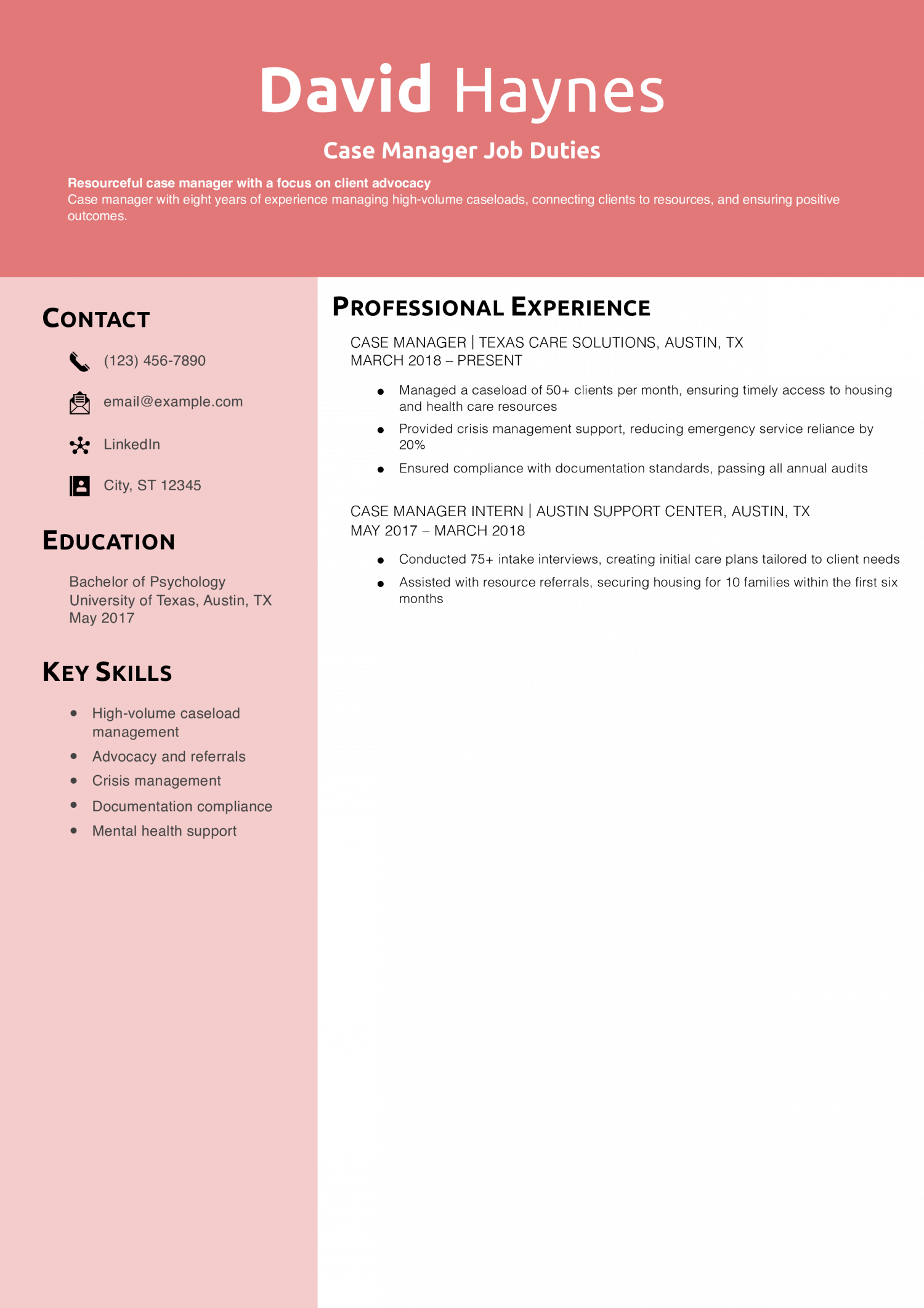 Case Manager Job Duties Resume Example