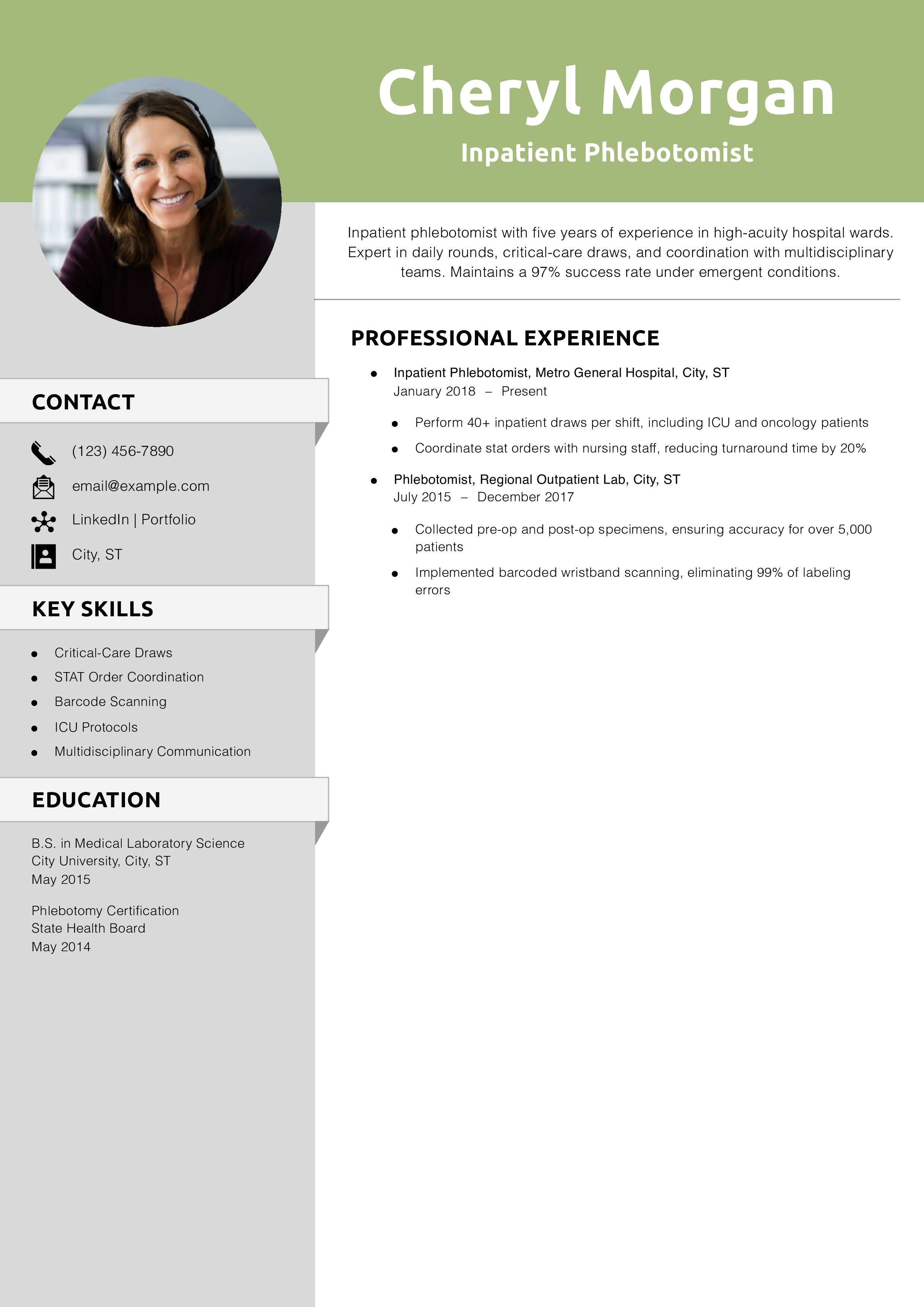 Inpatient Phlebotomist Resume Example