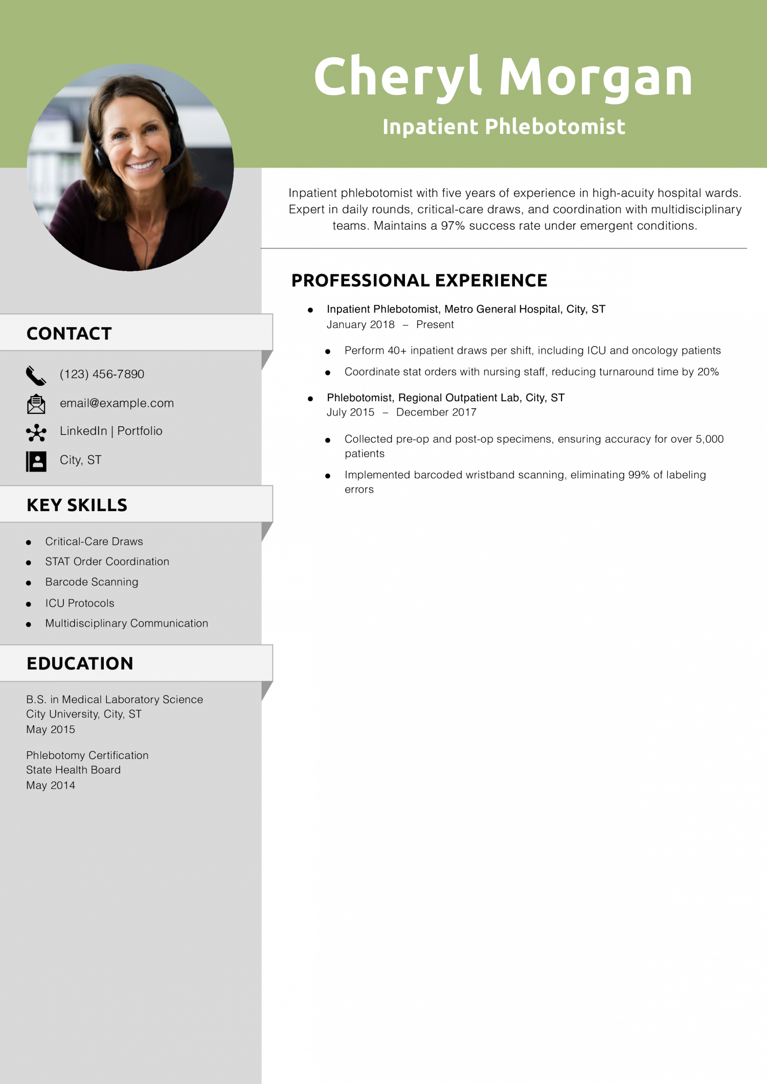 Inpatient Phlebotomist Resume Example