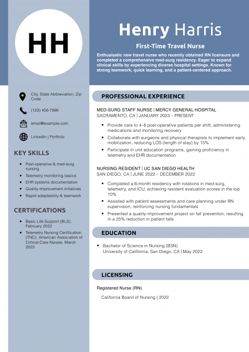 First-Time Travel Nurse Resume Example