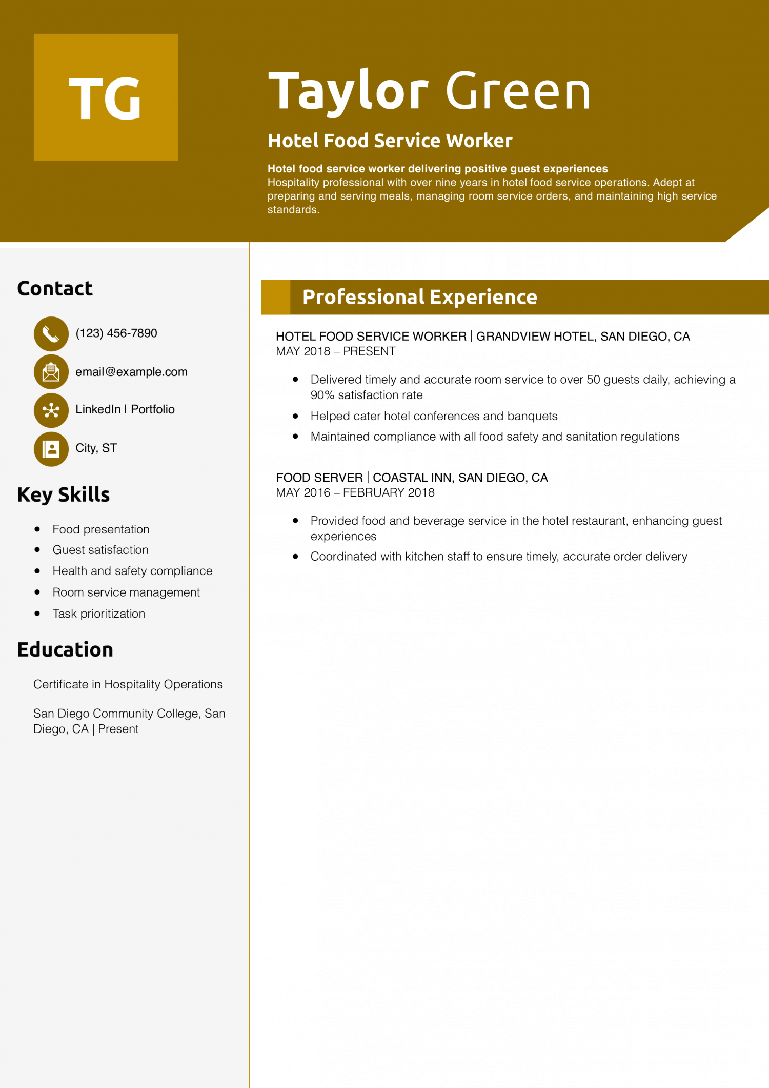 Hotel Food Service Worker Resume