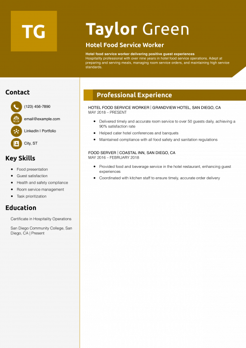 Hotel Food Service Worker Resume