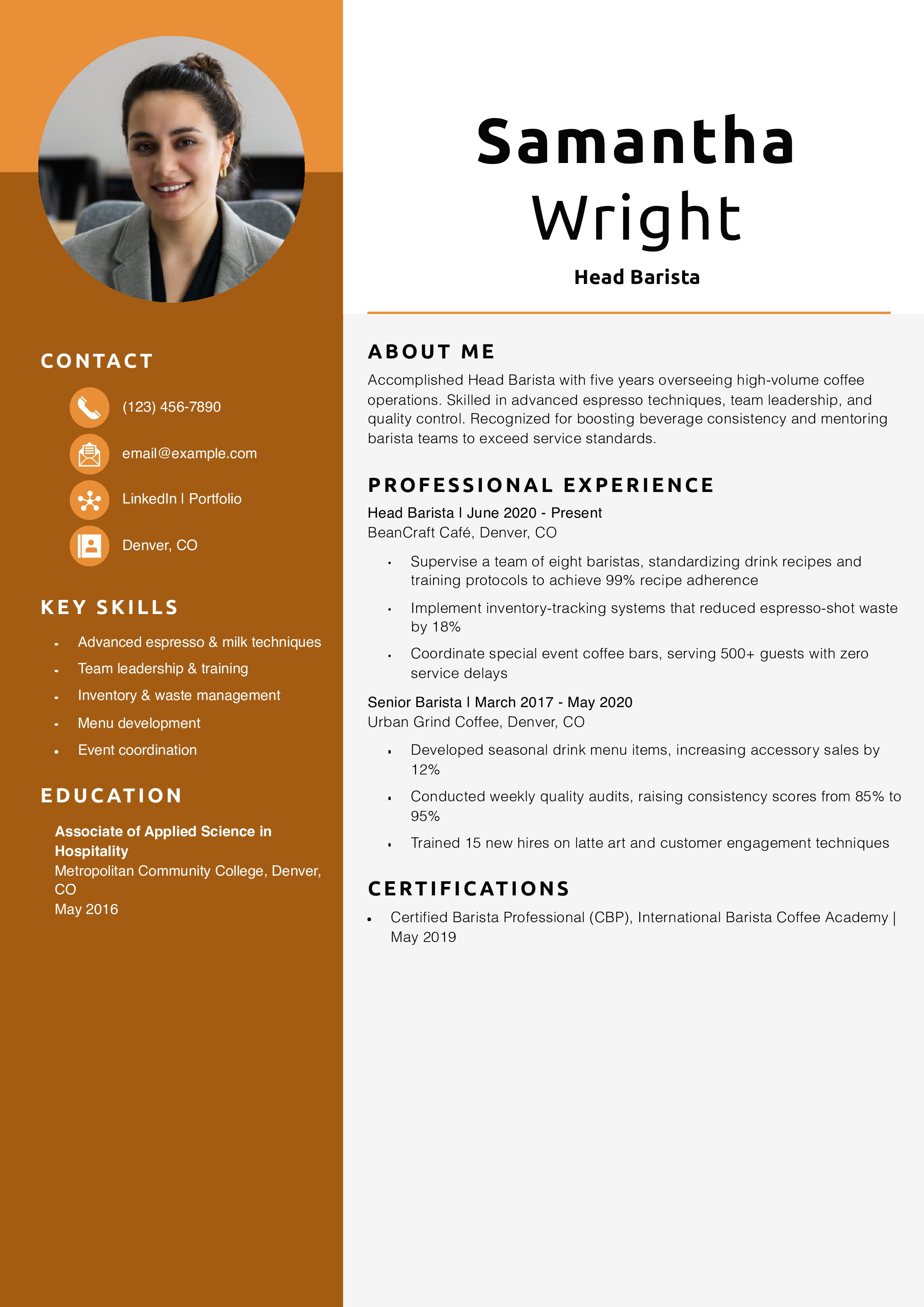 Head Barista Resume Example