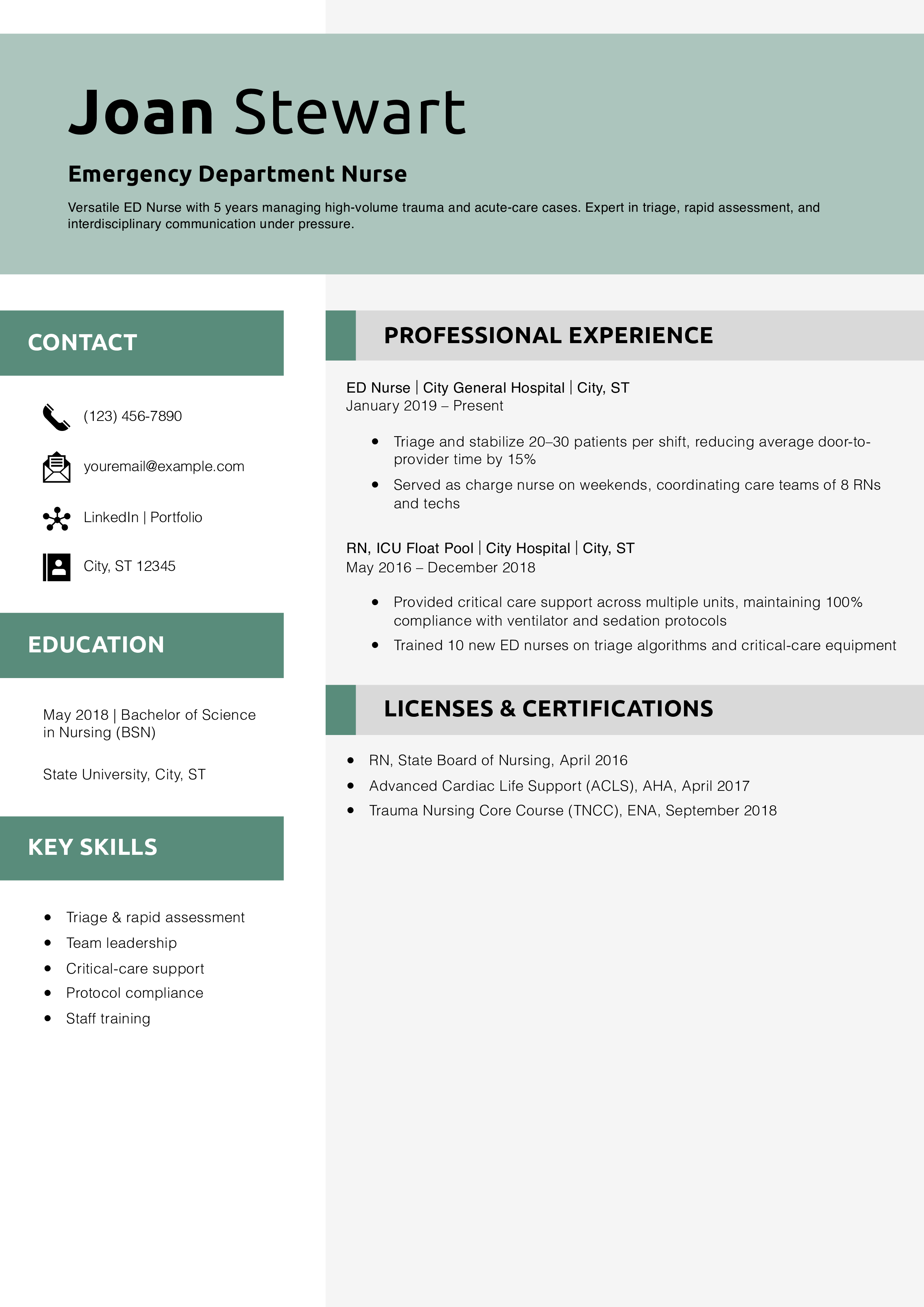Emergency Department Nurse Resume Example