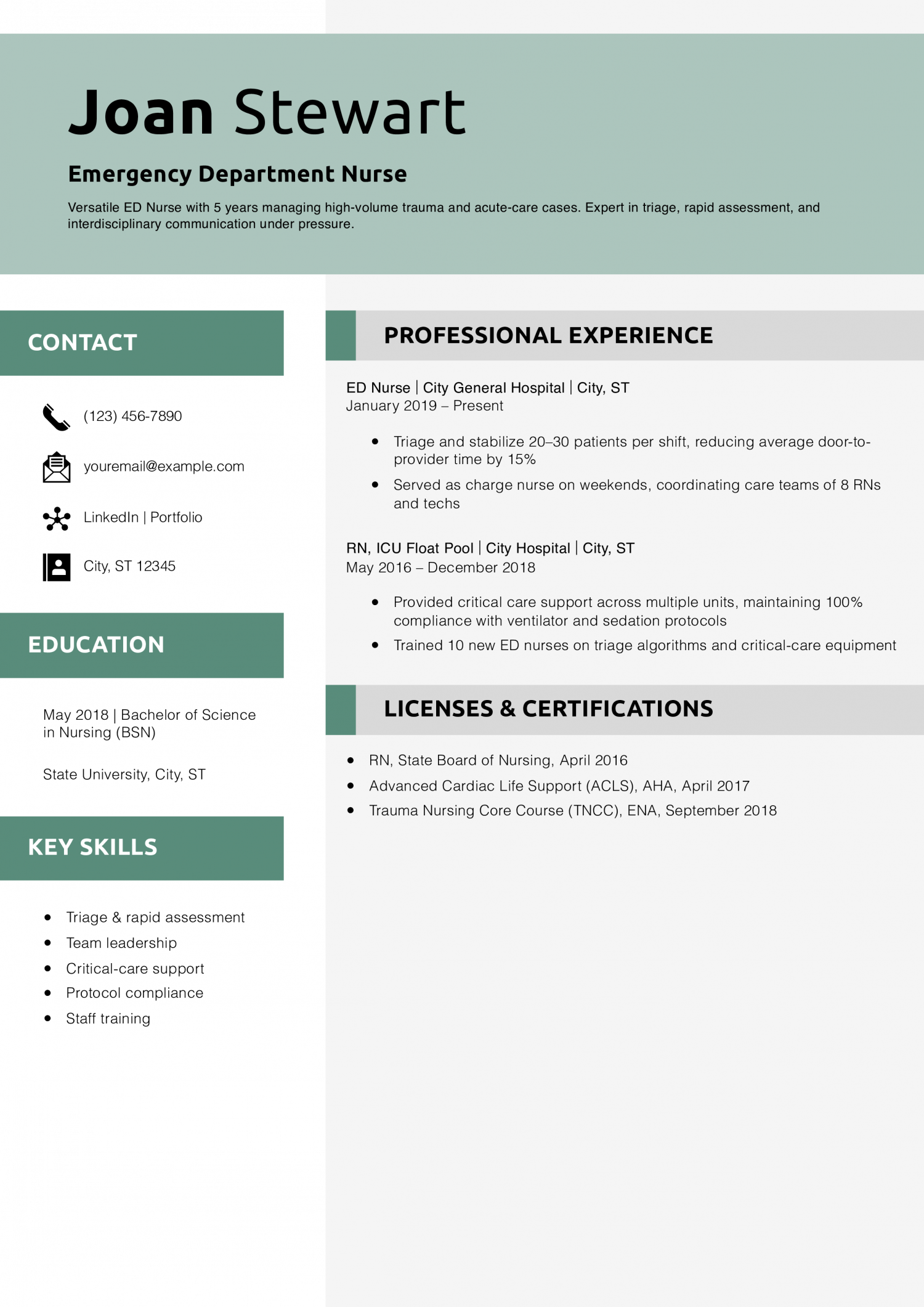 Emergency Department Nurse Resume Example