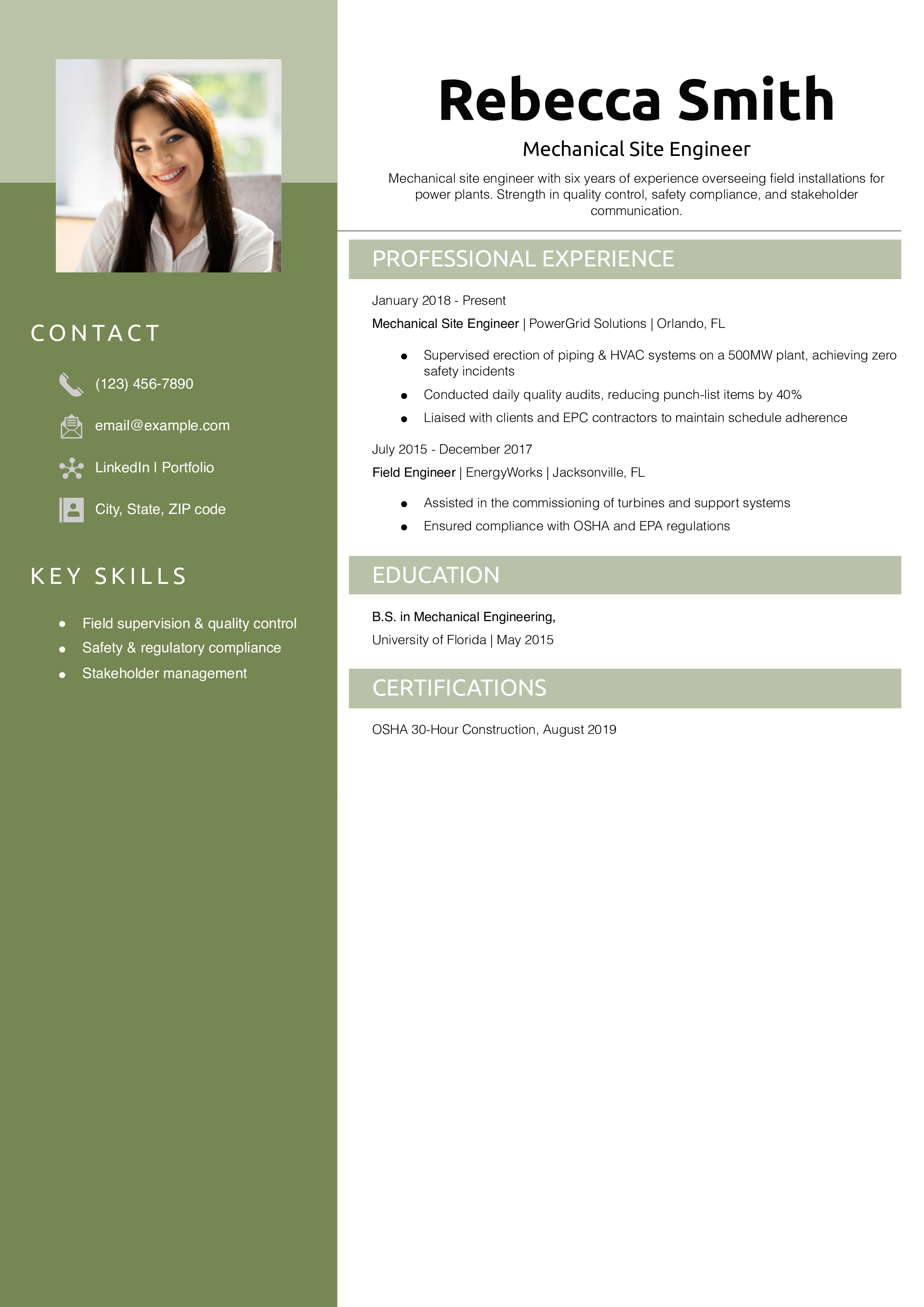 Mechanical Site Engineer Resume Example