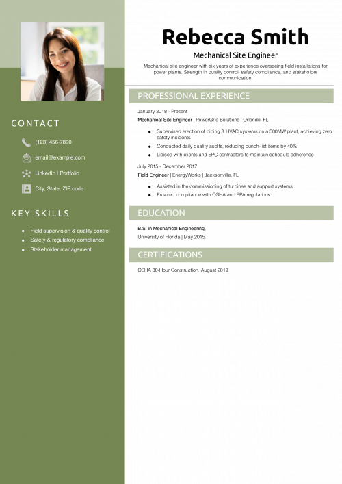 Mechanical Site Engineer Resume Example