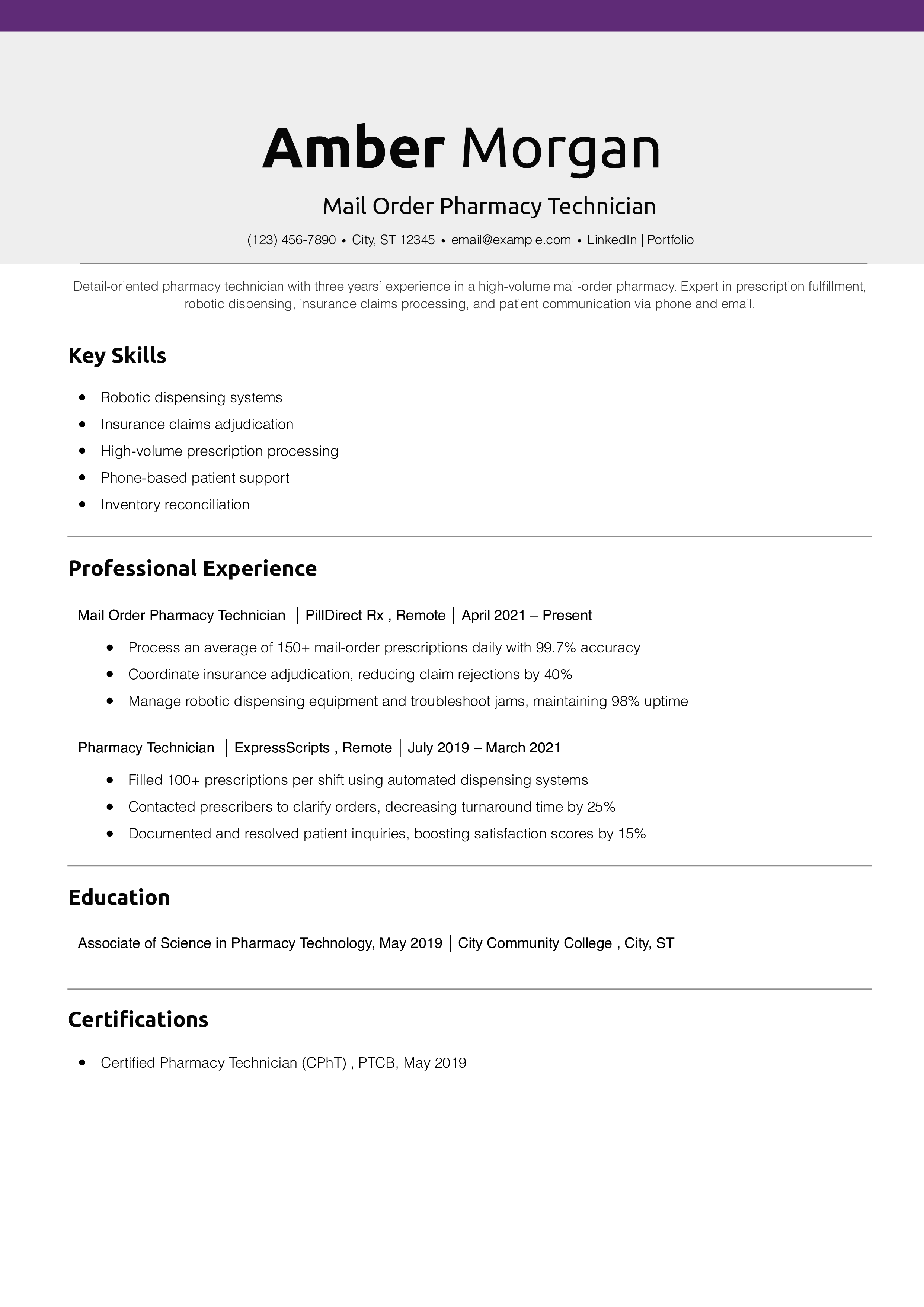 Mail Order Pharmacy Technician Resume Example