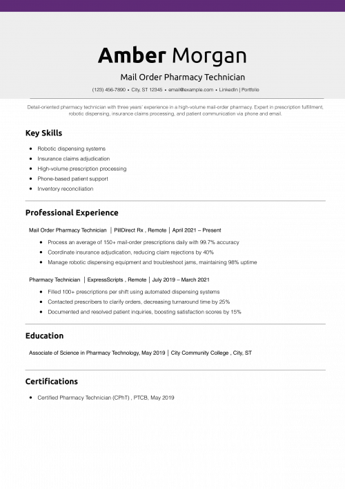 Mail Order Pharmacy Technician Resume Example