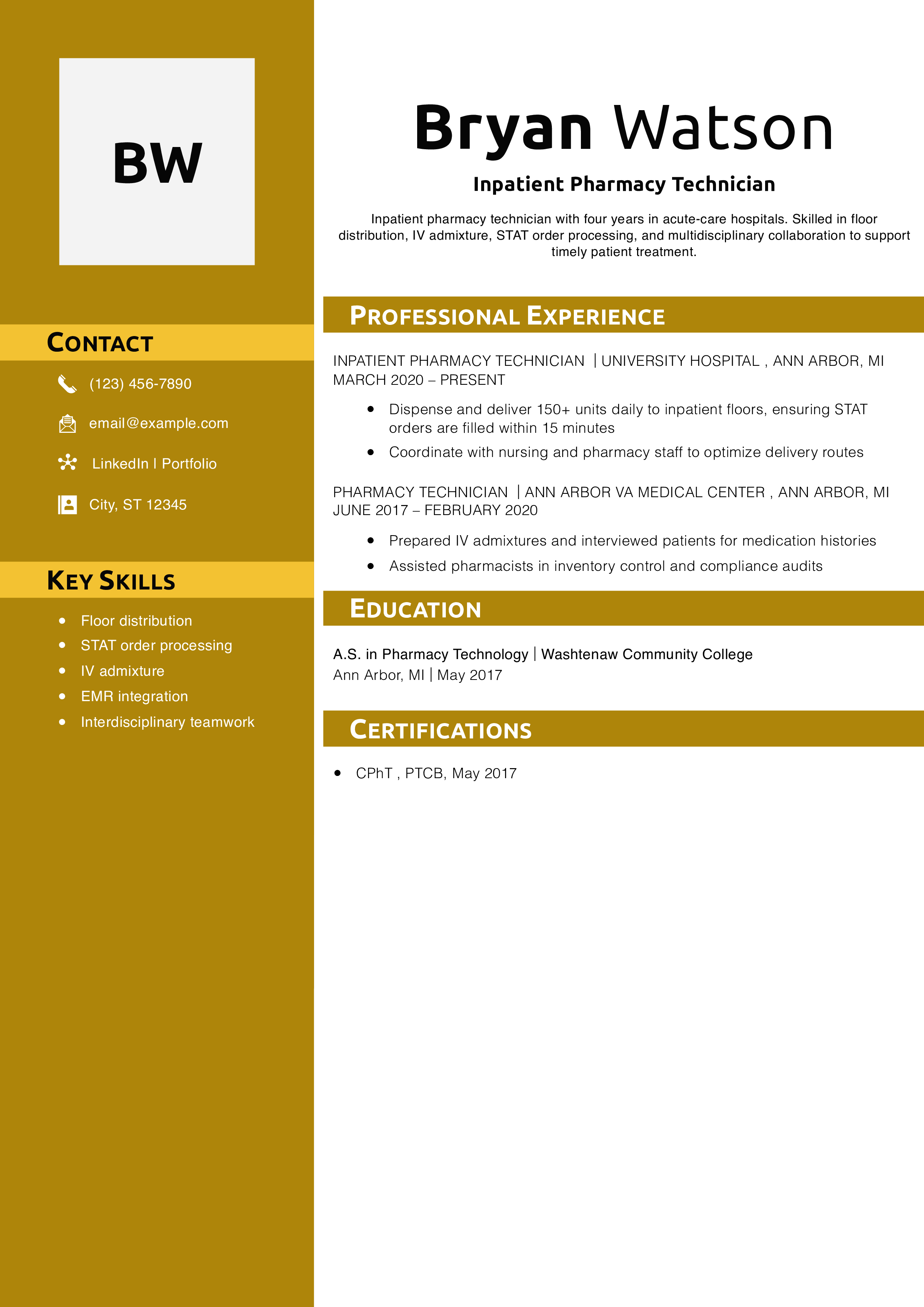 Inpatient Pharmacy Technician Resume Example