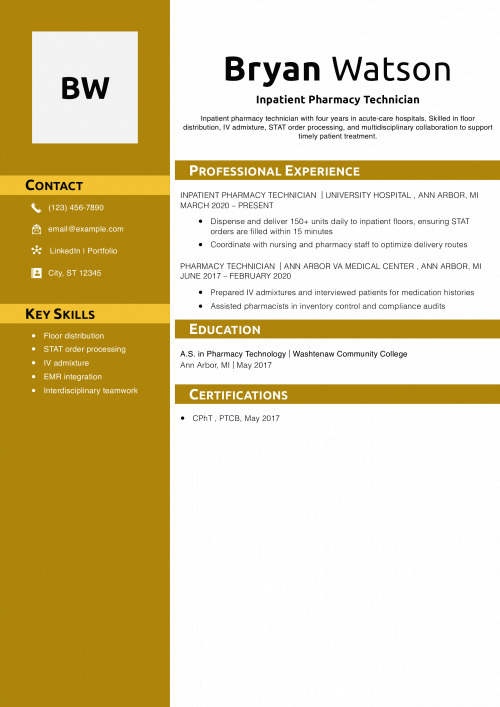 Inpatient Pharmacy Technician Resume Example