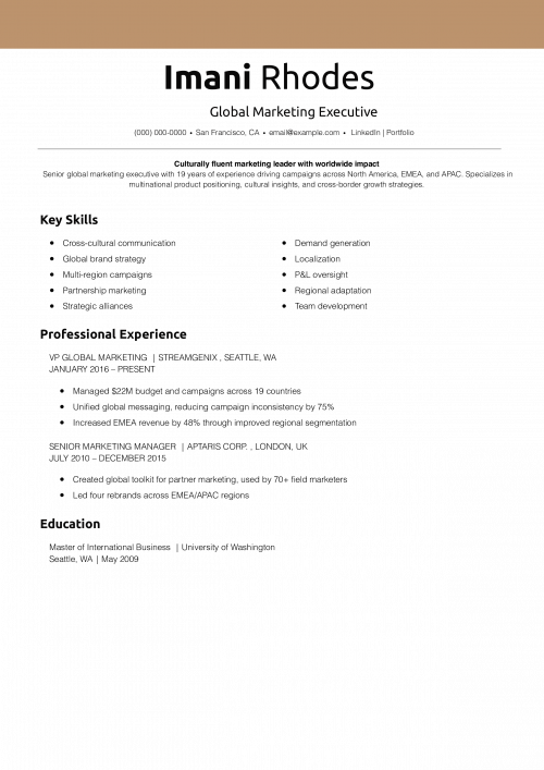 Global Marketing Executive Resume 