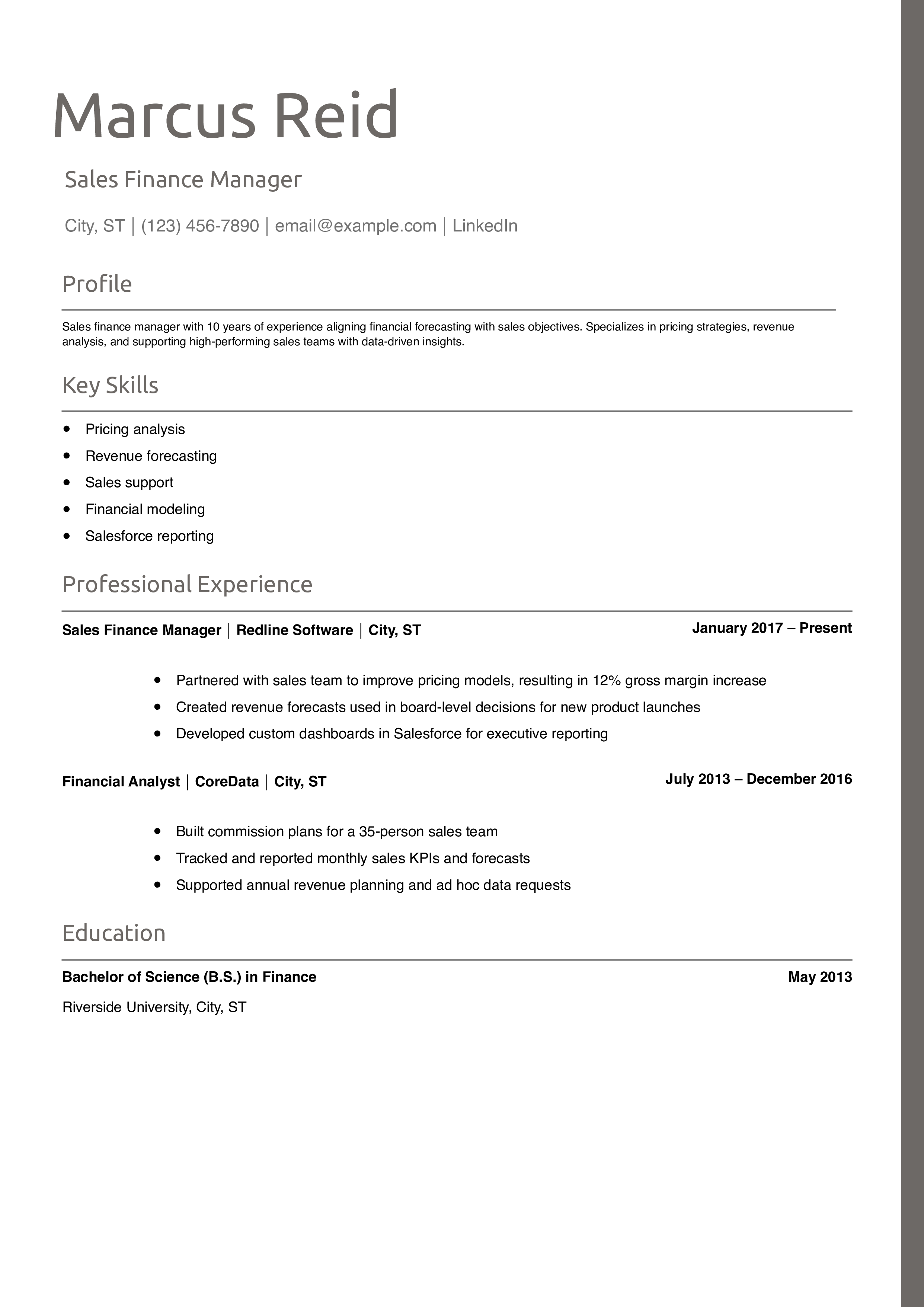 Sales Finance Manager Resume Example
