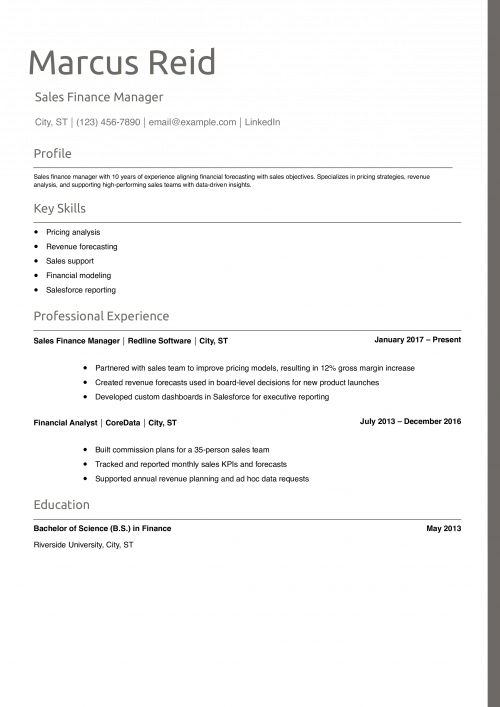 Sales Finance Manager Resume Example