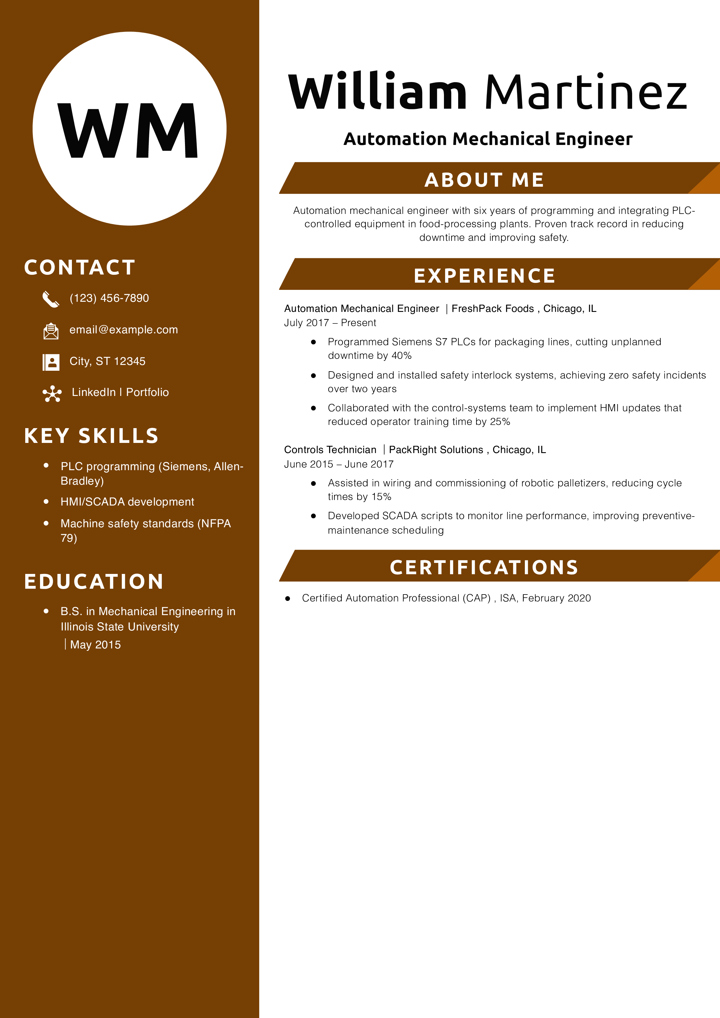 Automation Mechanical Engineer Resume Example