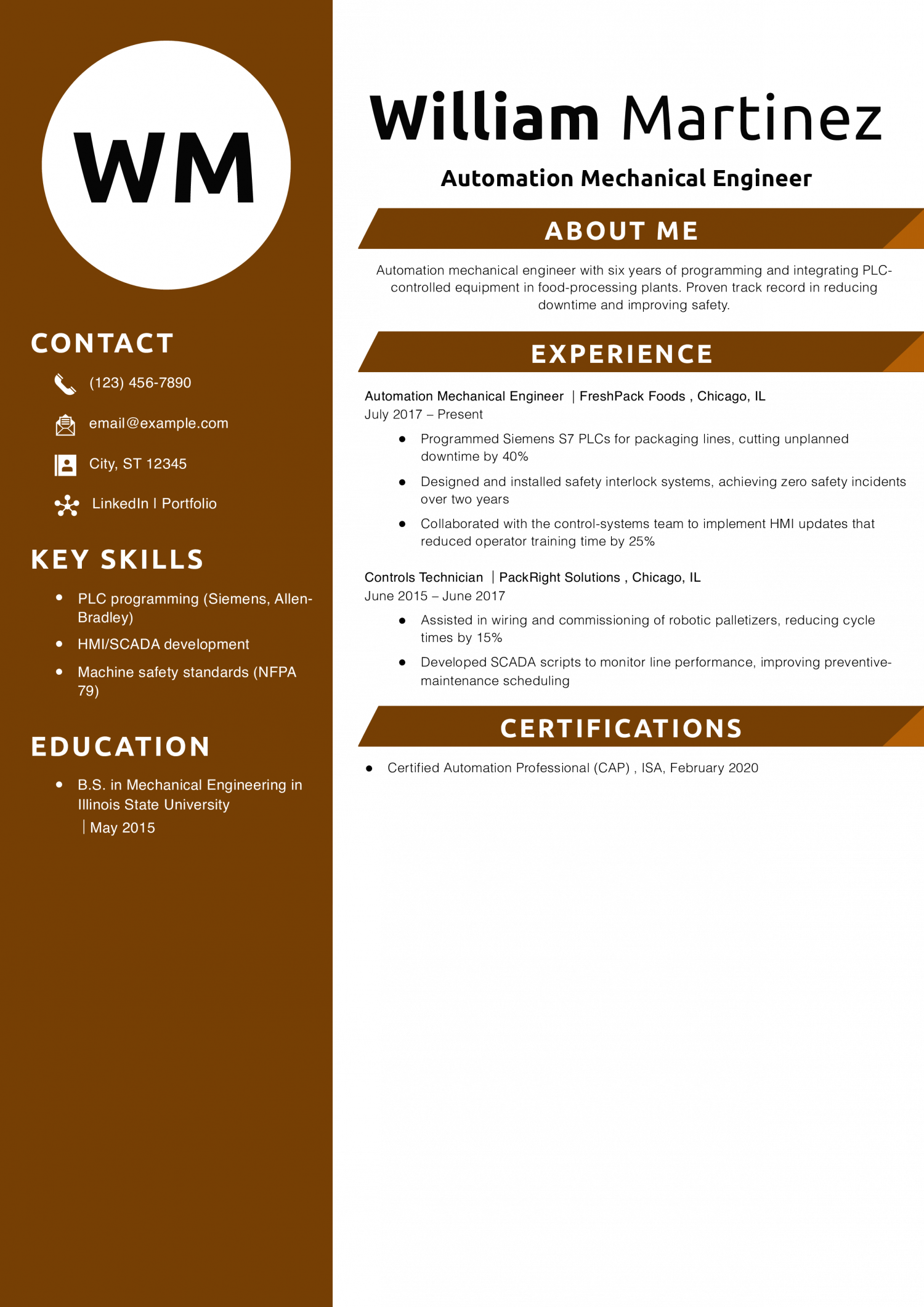Automation Mechanical Engineer Resume Example