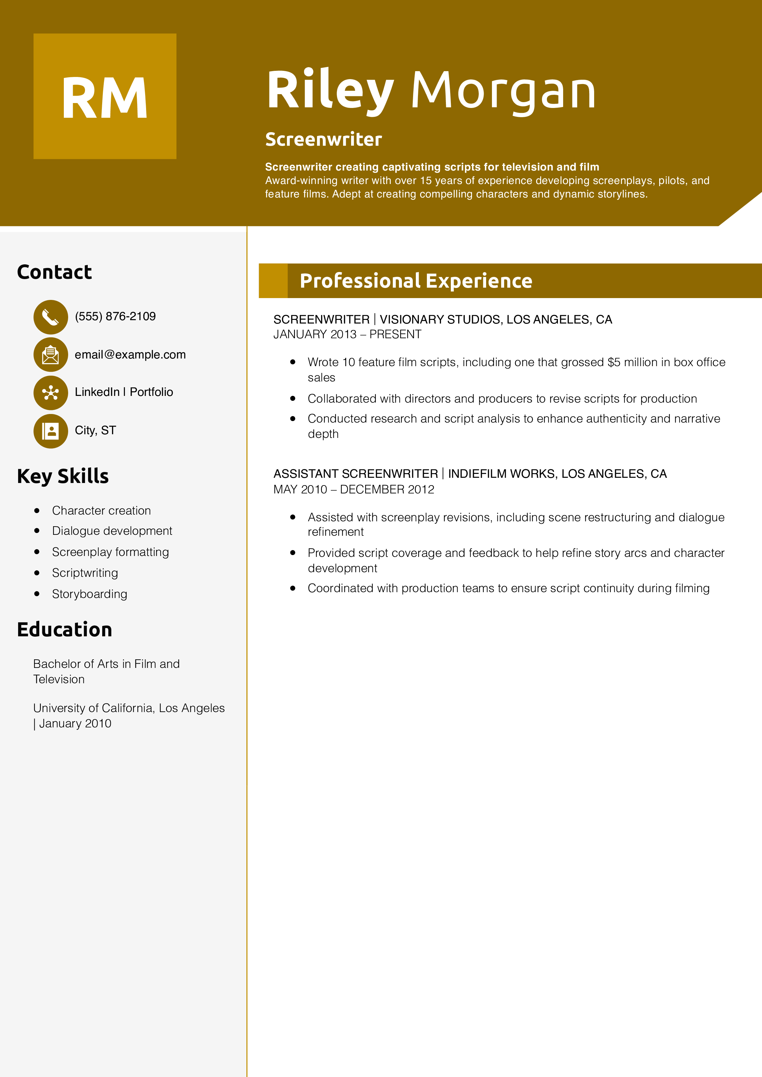 Screenwriter Resume