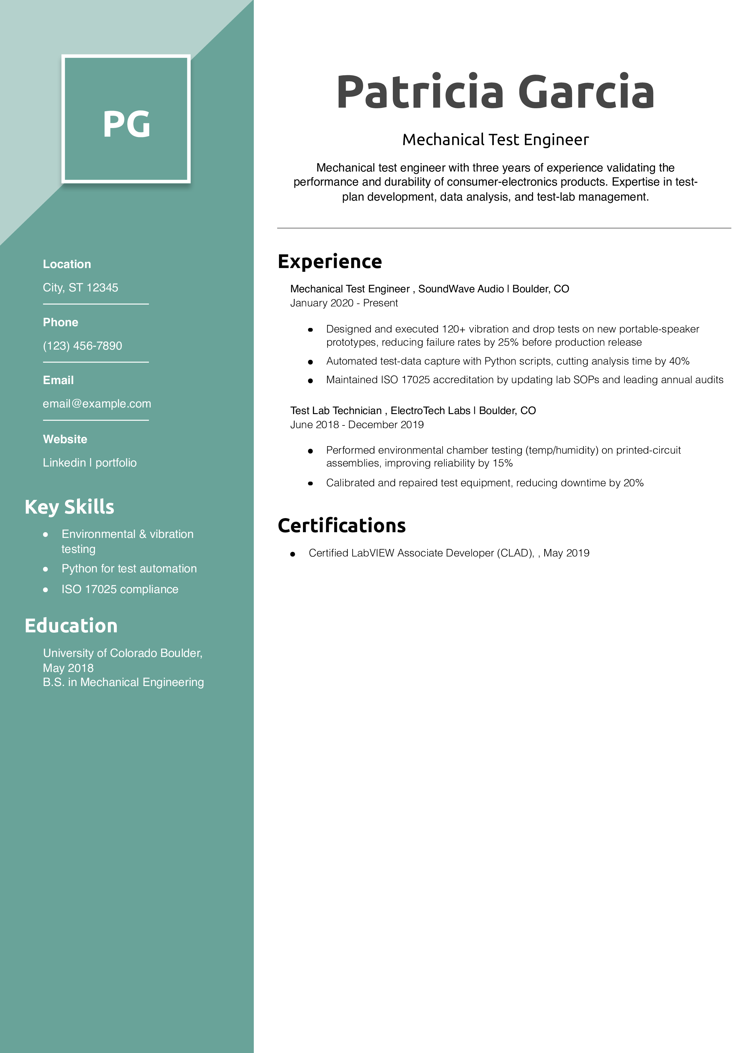 Mechanical Test Engineer Resume Example