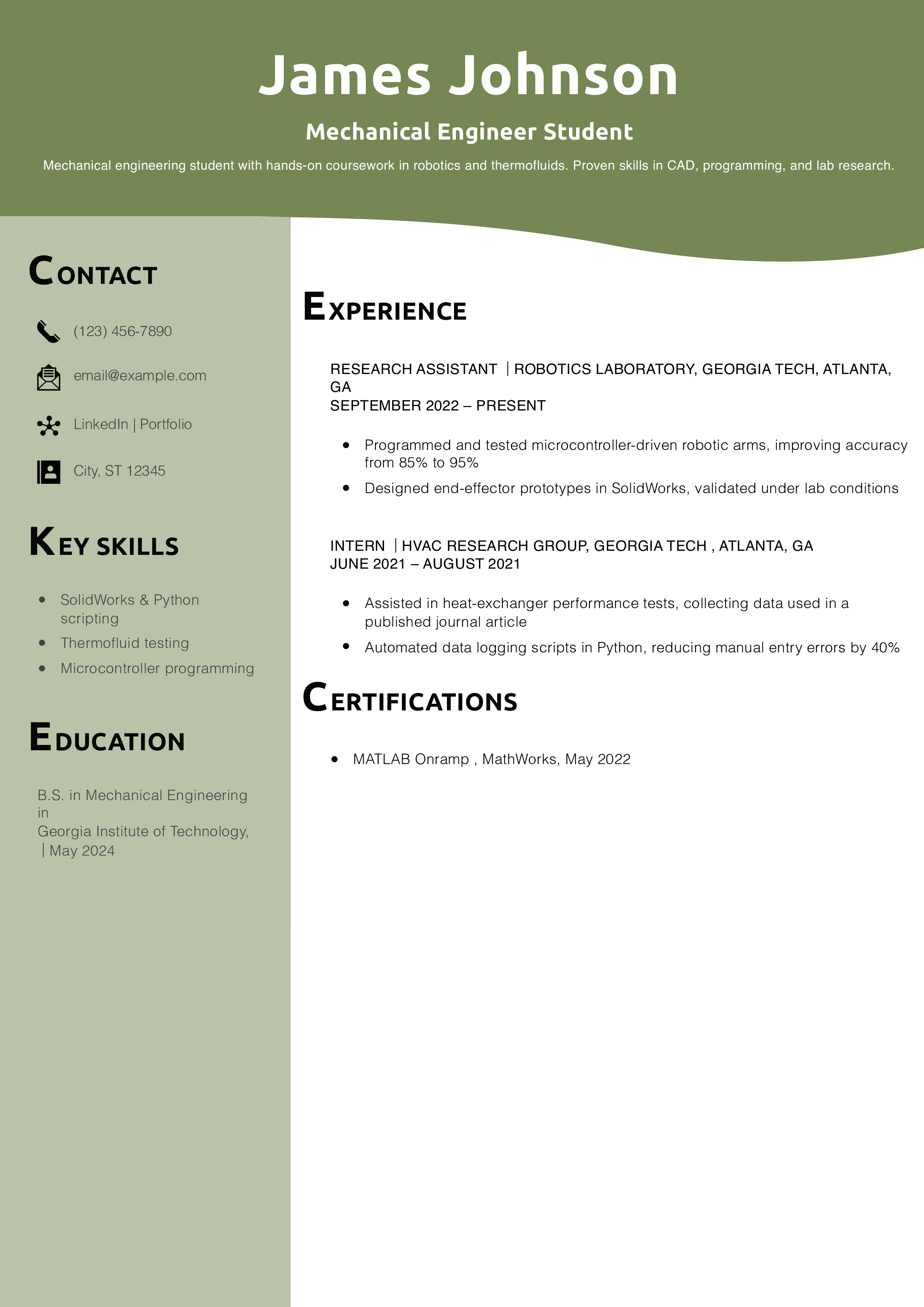 Mechanical Engineer Student Resume Example
