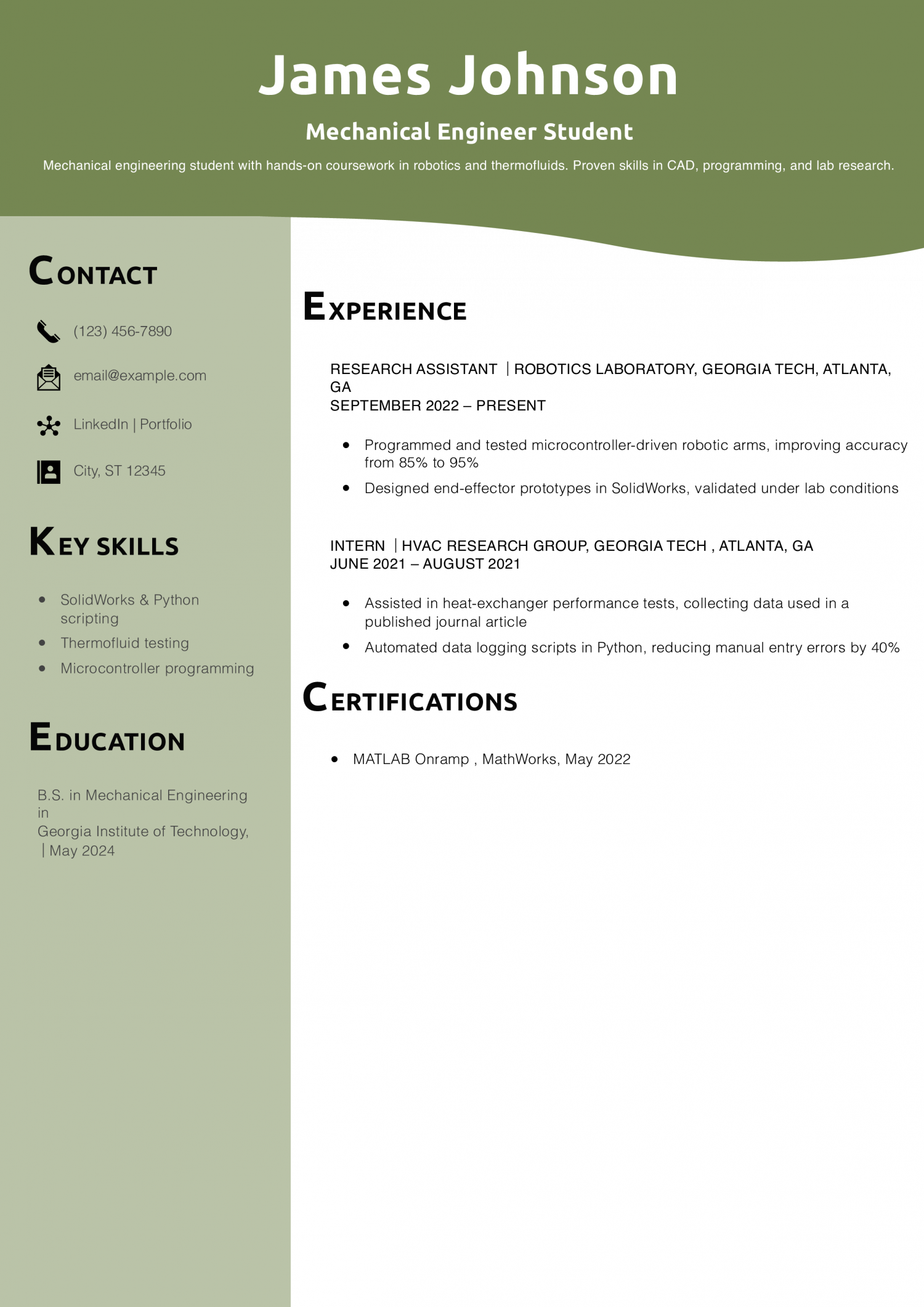 Mechanical Engineer Student Resume Example