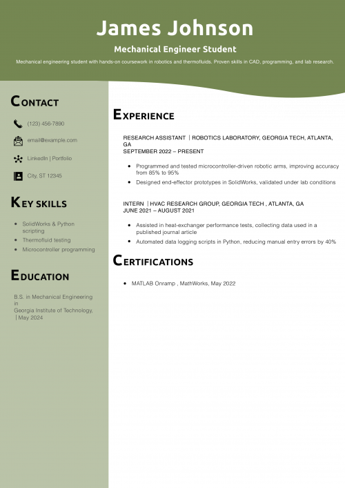 Mechanical Engineer Student Resume Example