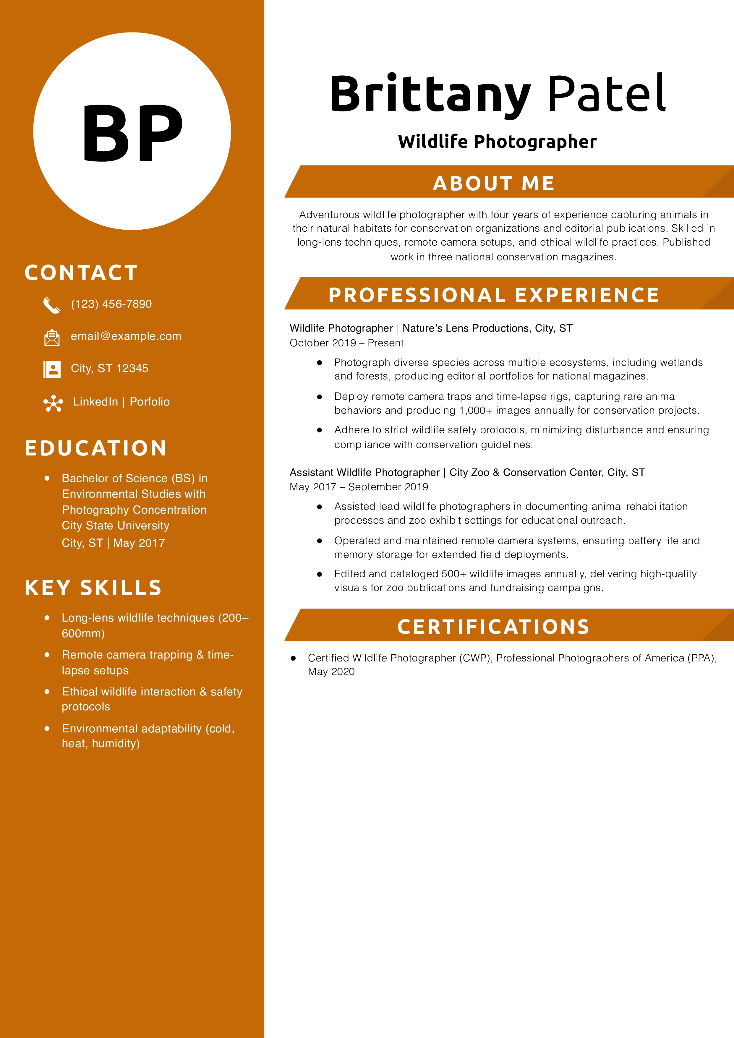 Wildlife Photographer Resume Example