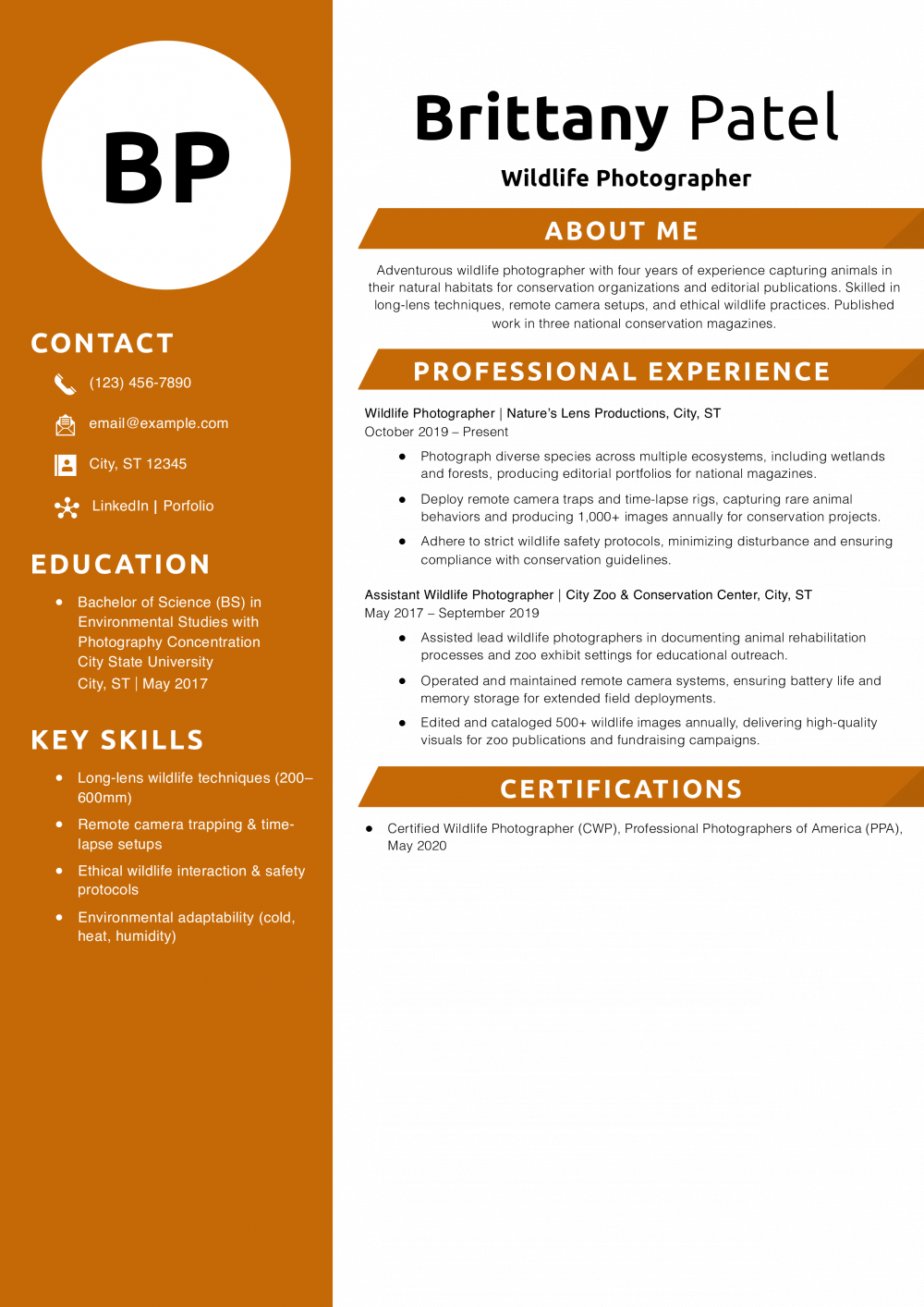 Wildlife Photographer Resume Example