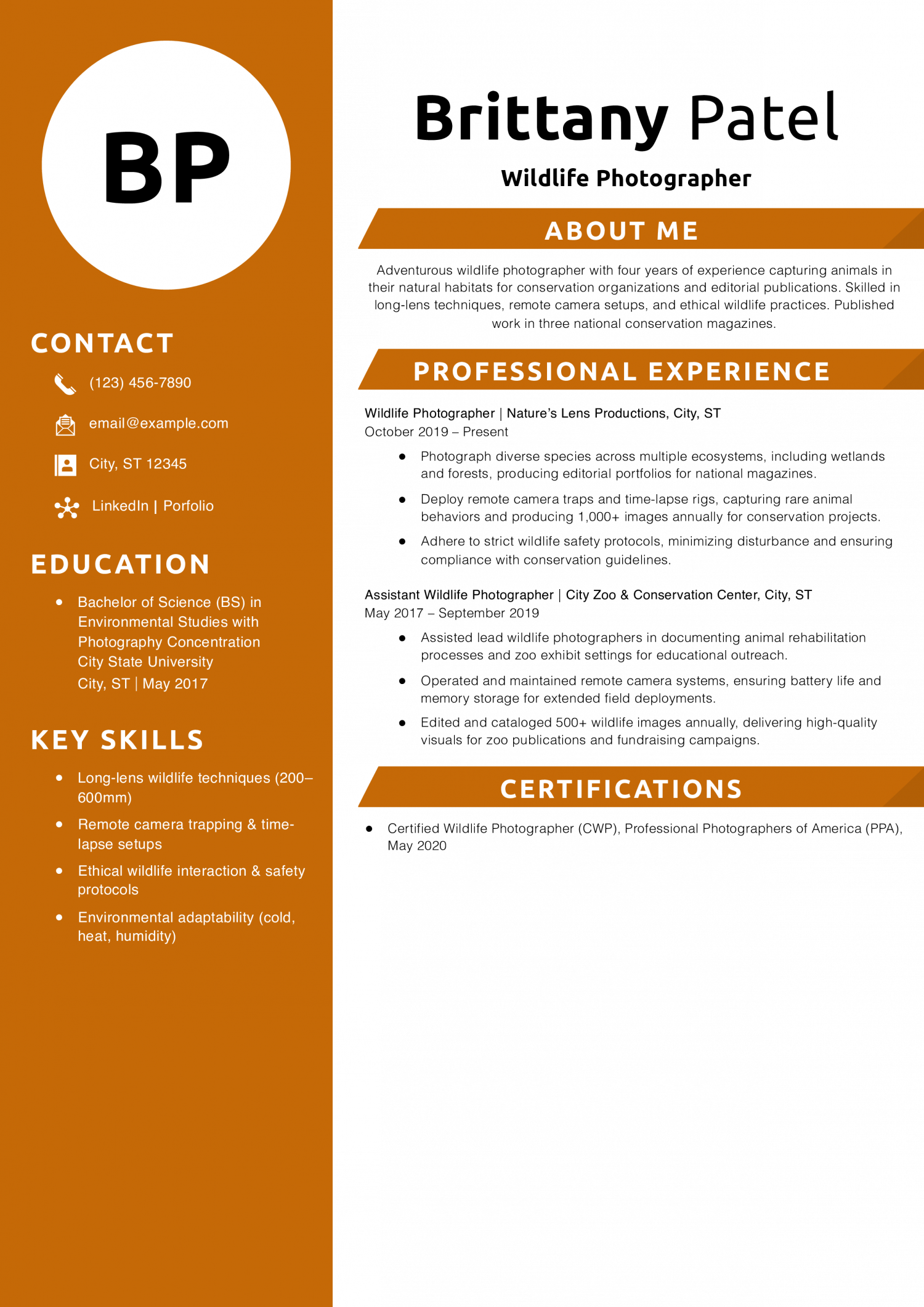 Wildlife Photographer Resume Example