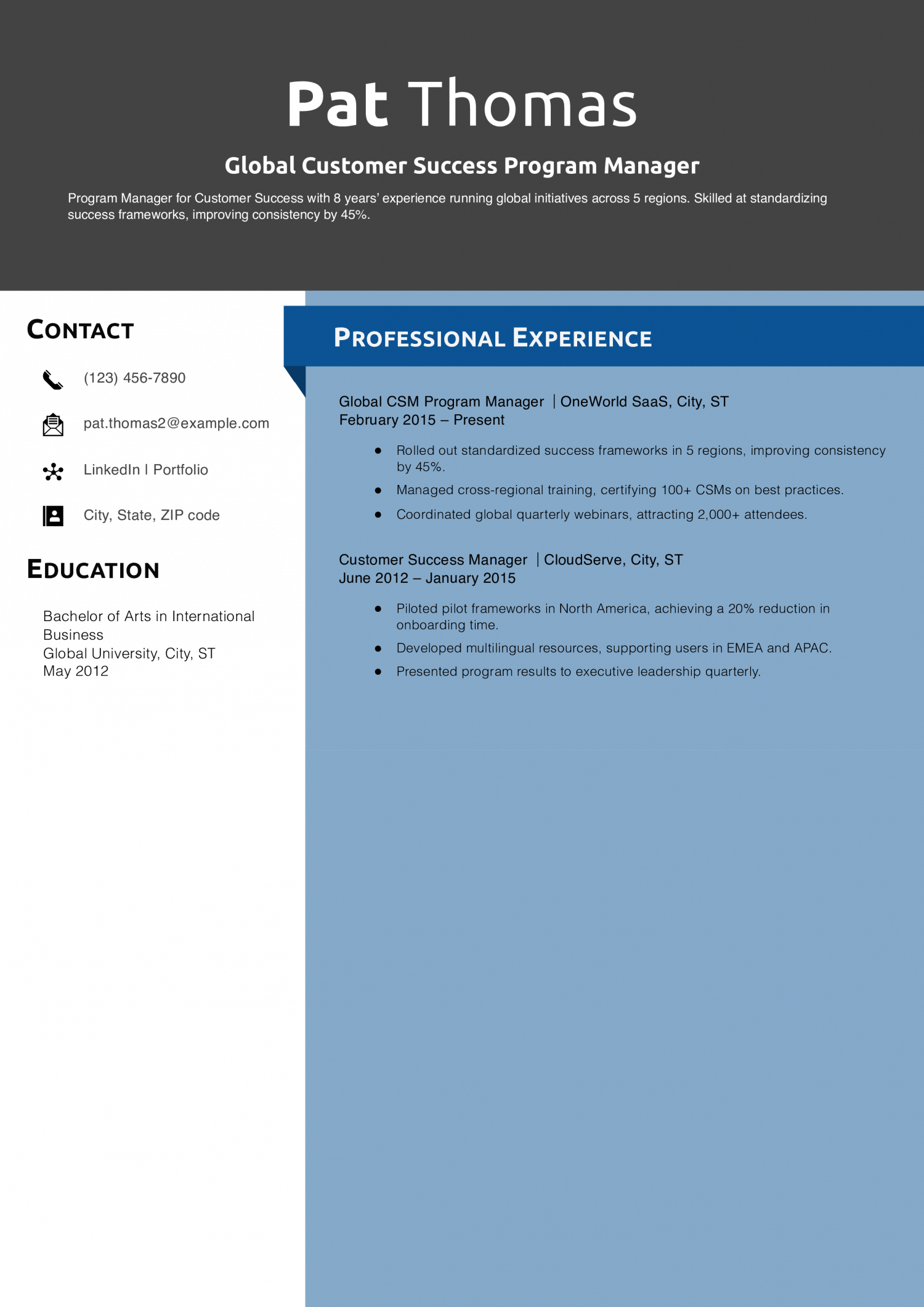 Global Customer Success Program Manager Resume Example