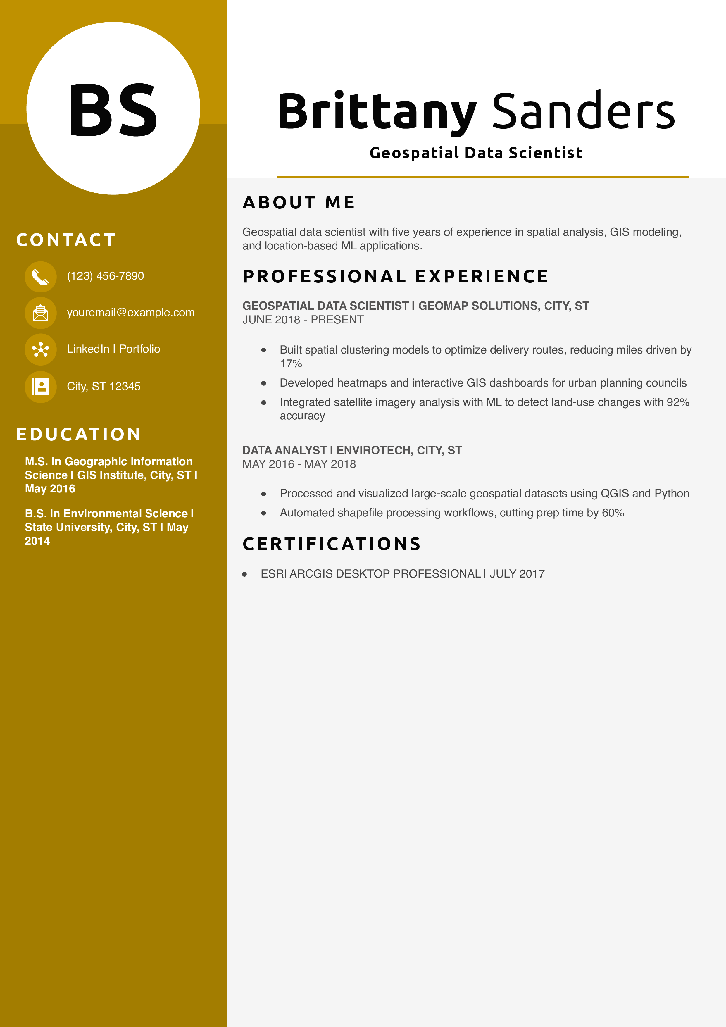 Geospatial Data Scientist Resume Example