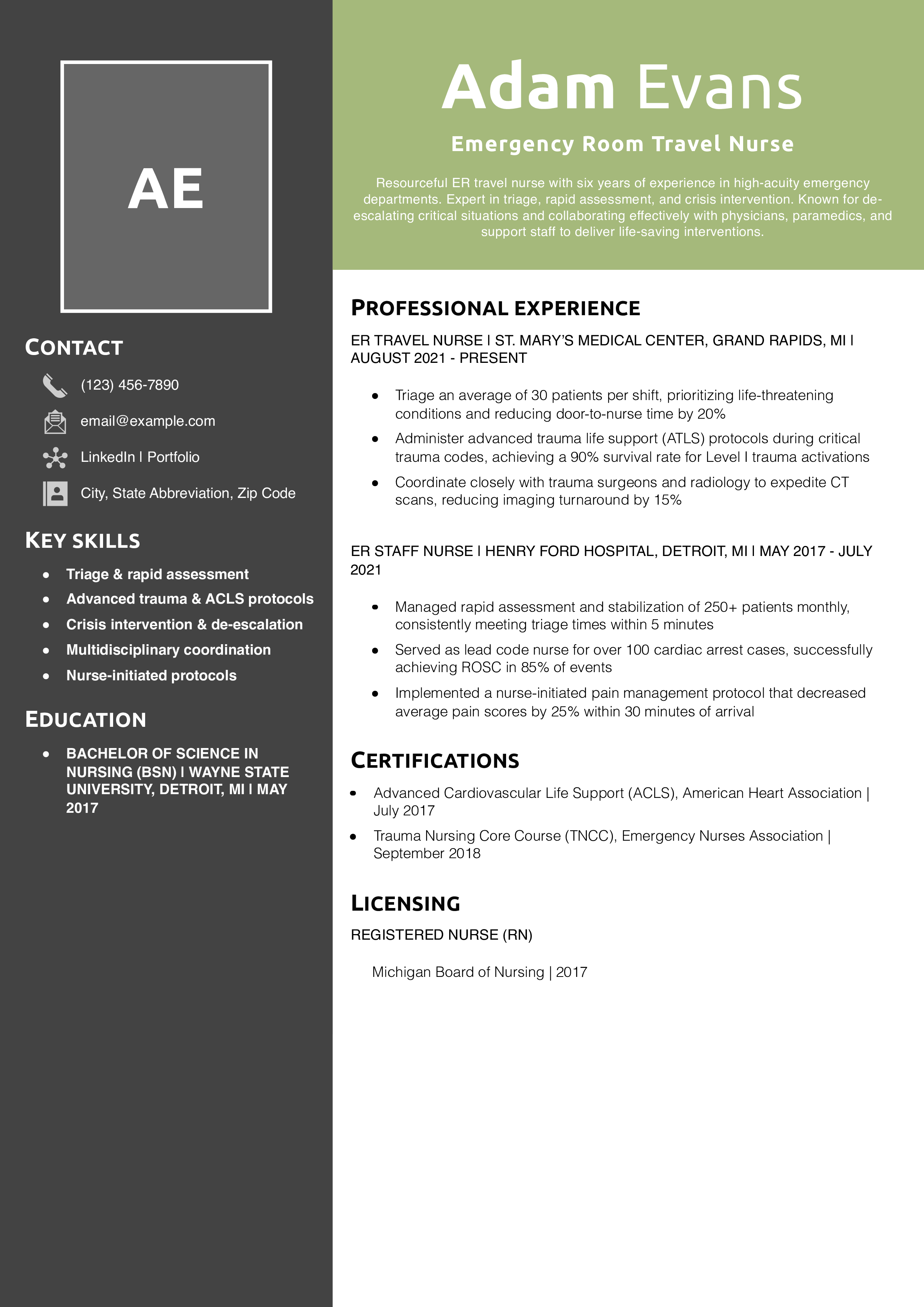 Emergency Room Travel Nurse Resume Example