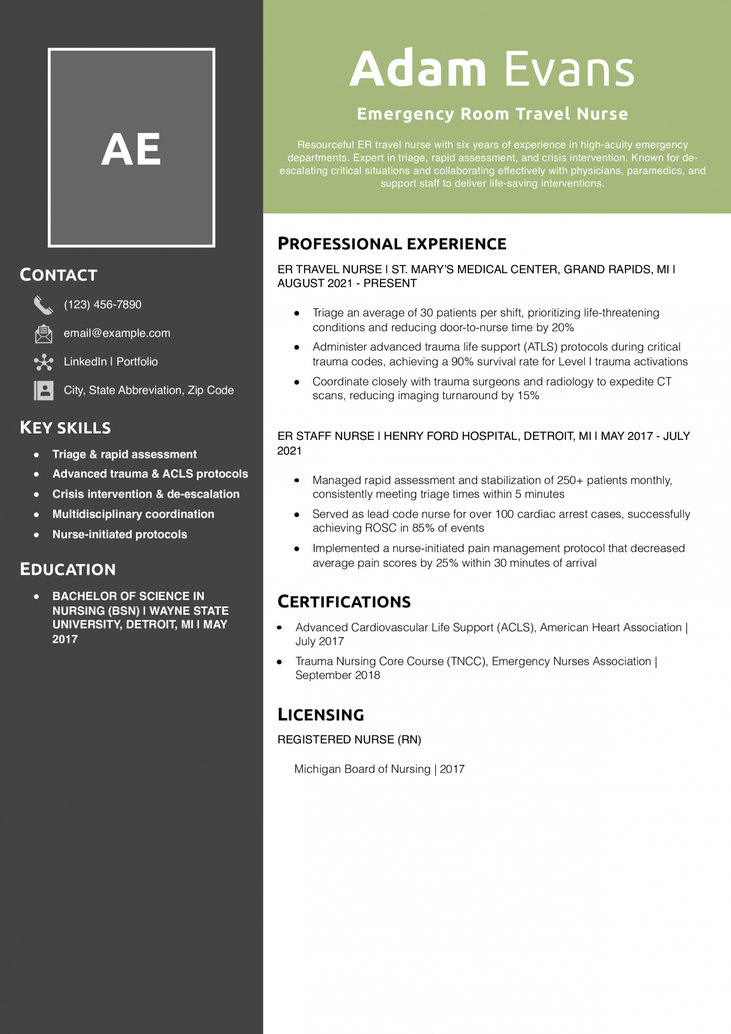 Emergency Room Travel Nurse Resume Example