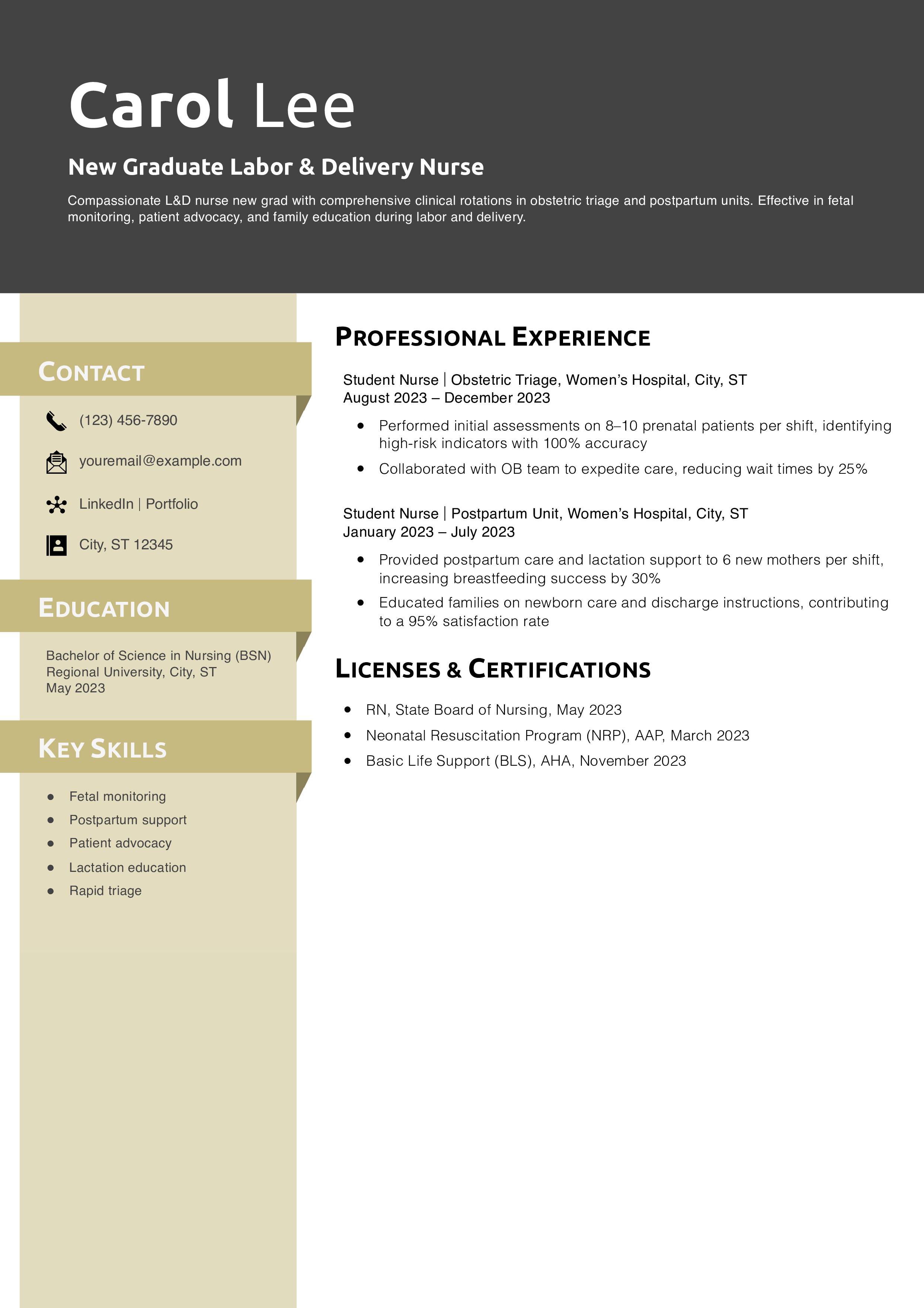 New Graduate Labor & Delivery Nurse Resume Example