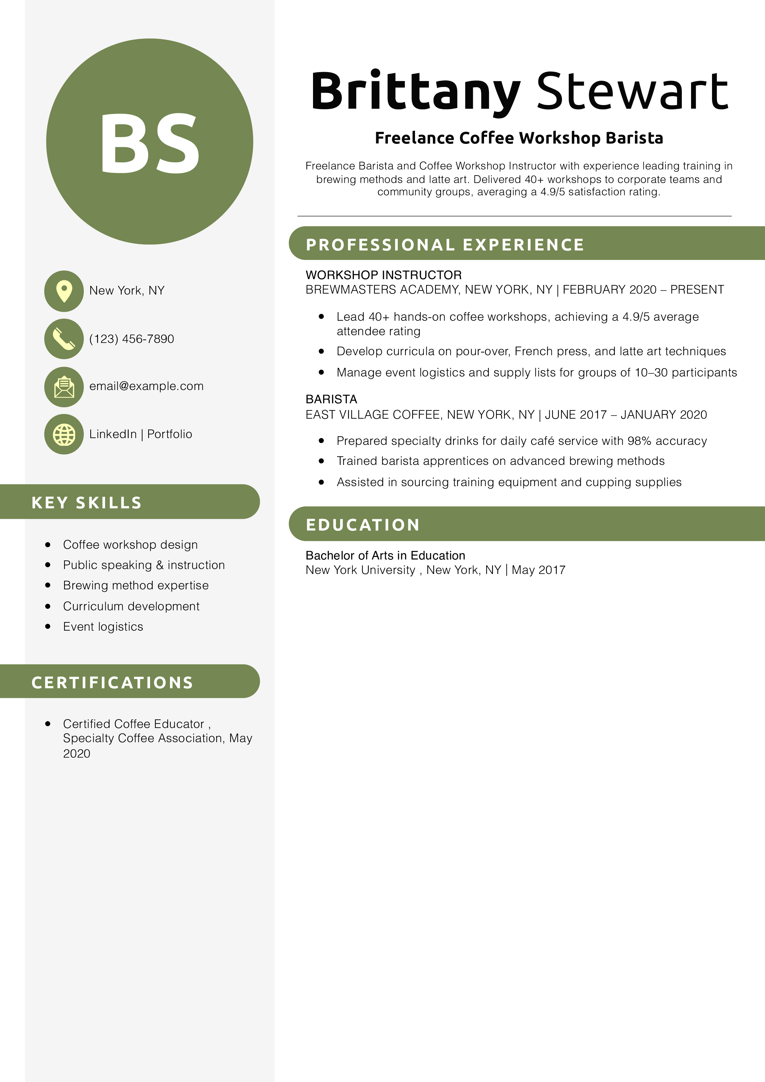 Freelance Coffee Workshop Barista Resume Example