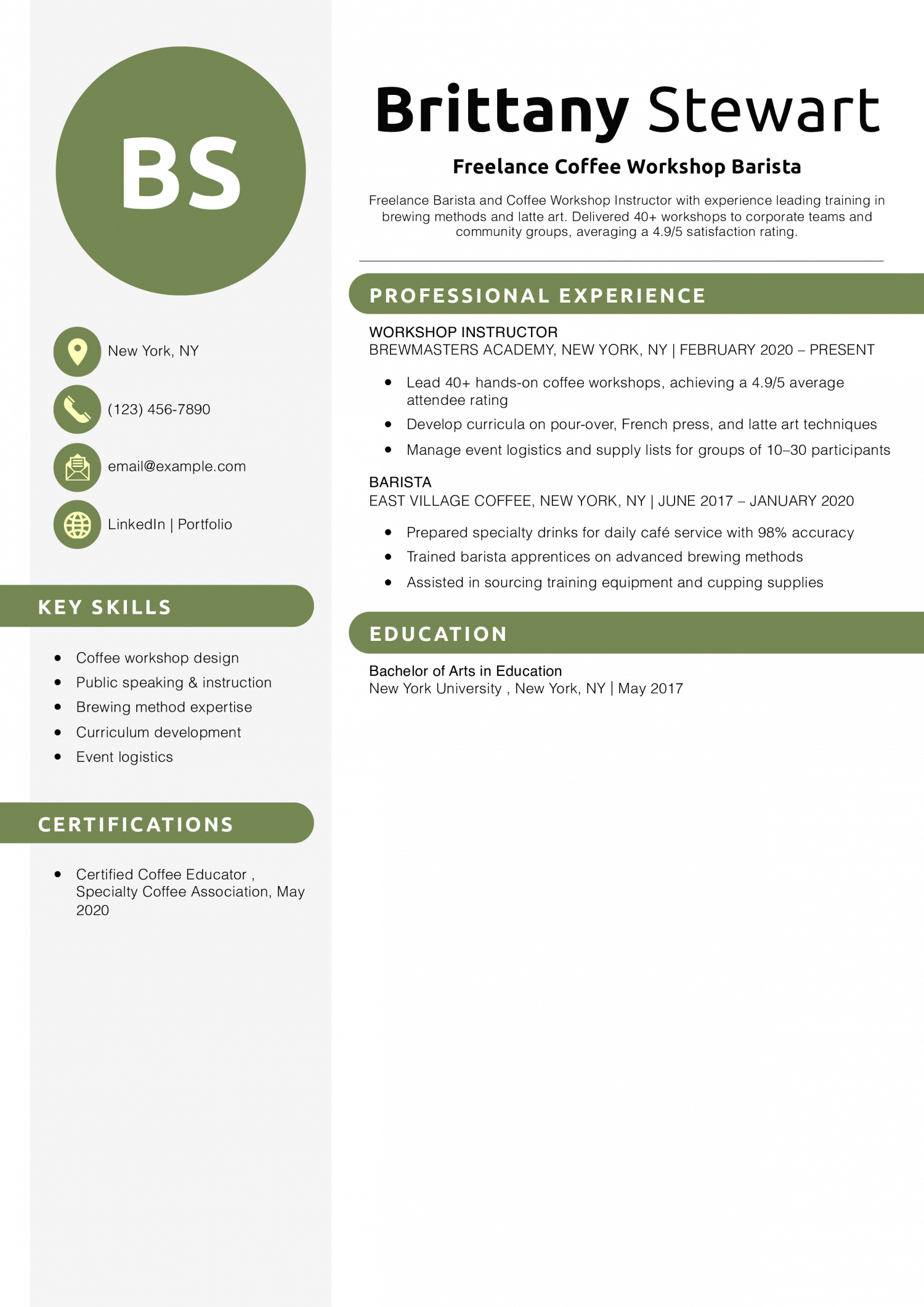 Freelance Coffee Workshop Barista Resume Example