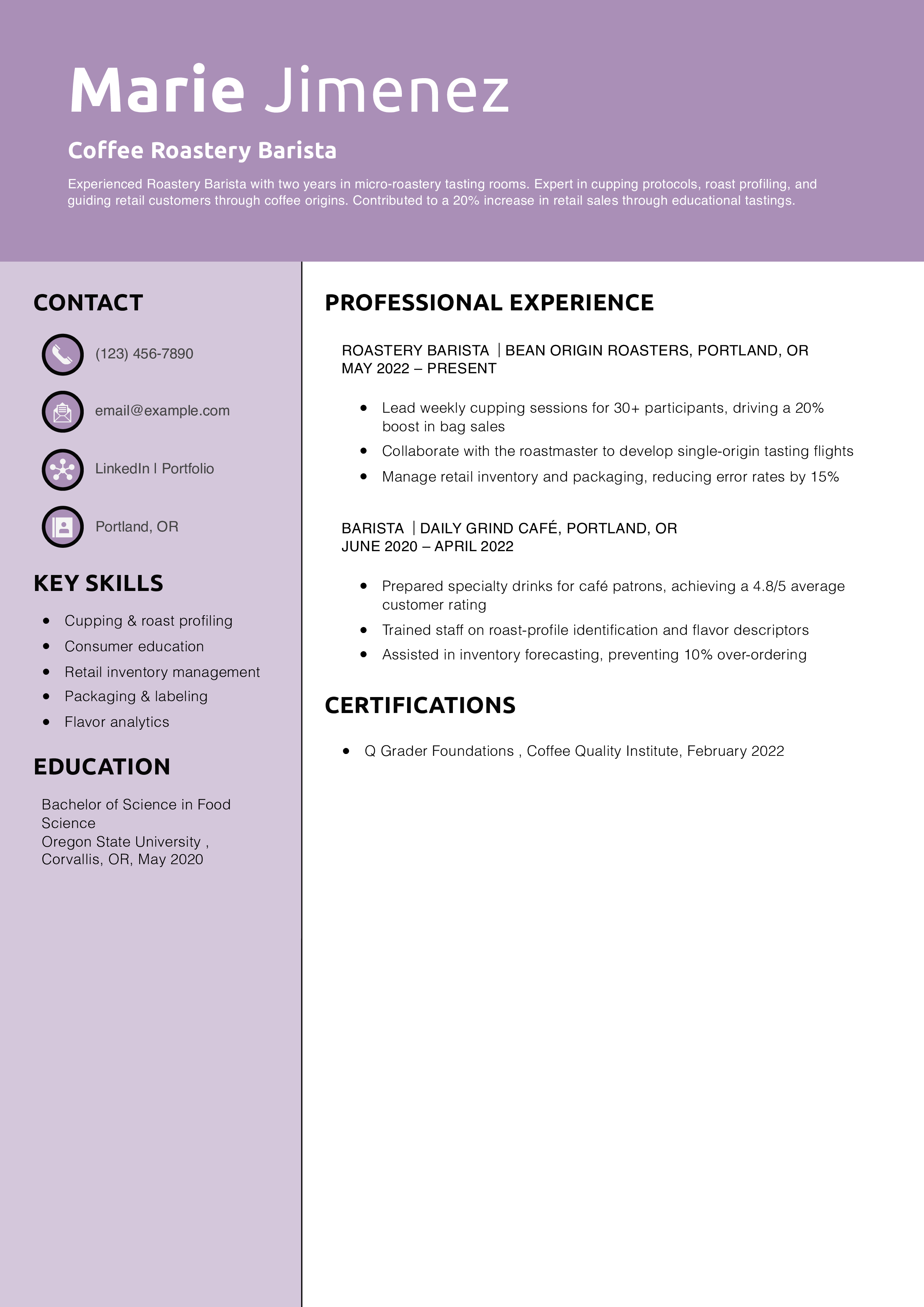 Coffee Roastery Barista Resume Example