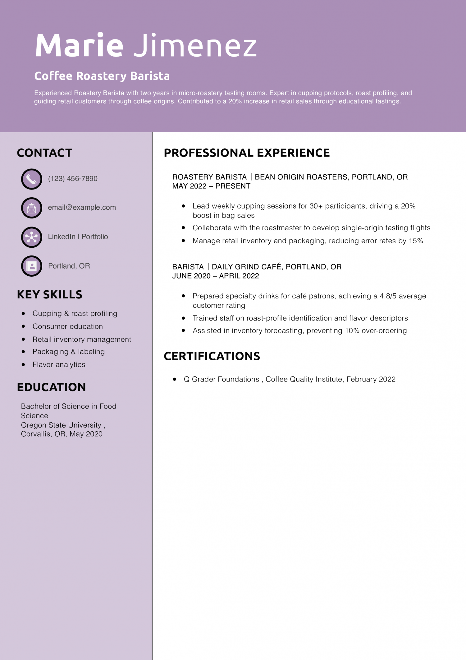 Coffee Roastery Barista Resume Example