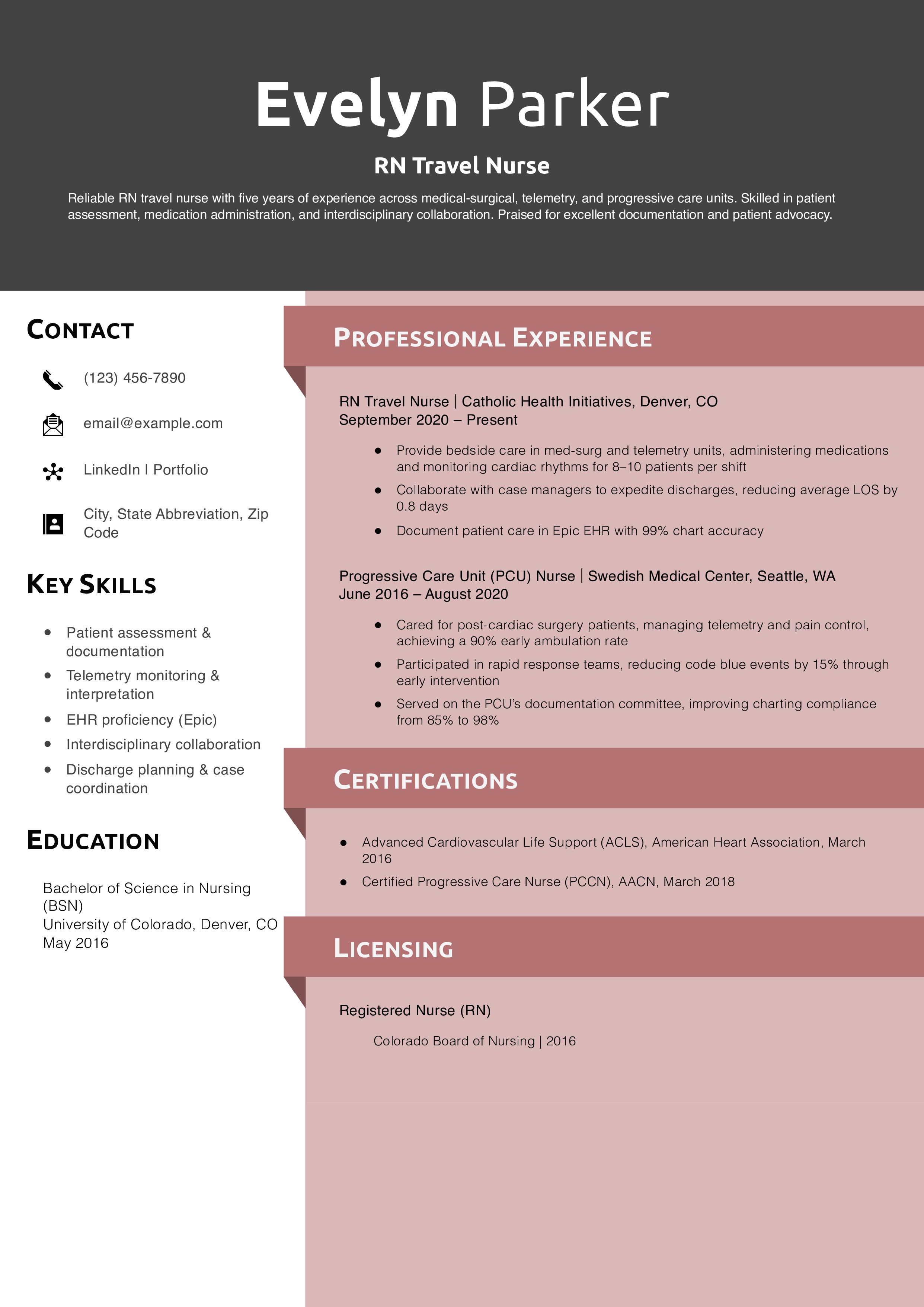RN Travel Nurse Resume Example