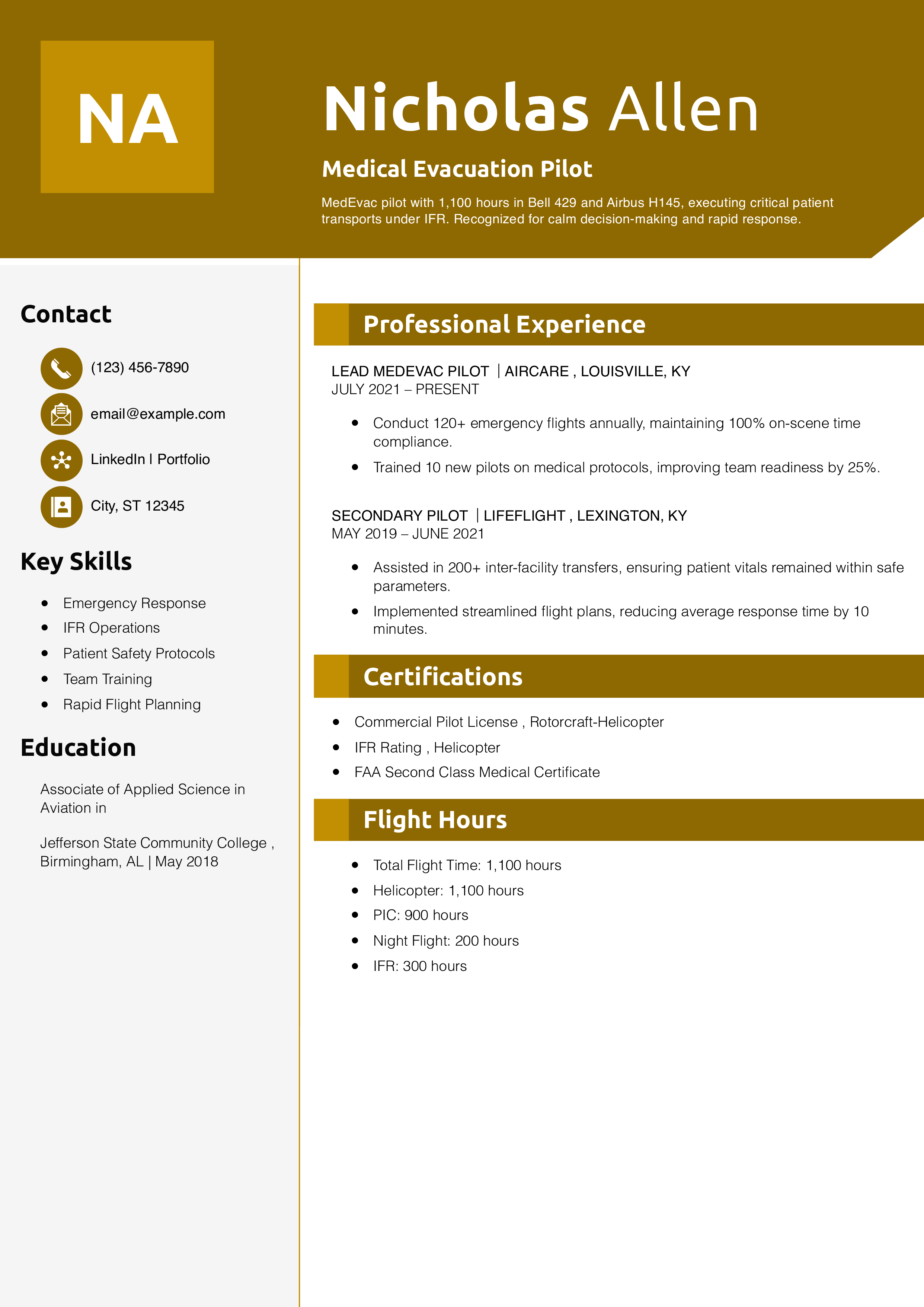 Medical Evacuation Pilot Resume Example