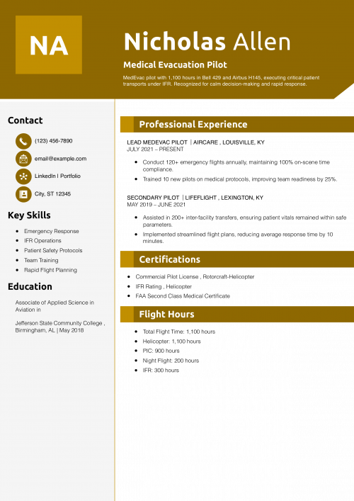 Medical Evacuation Pilot Resume Example