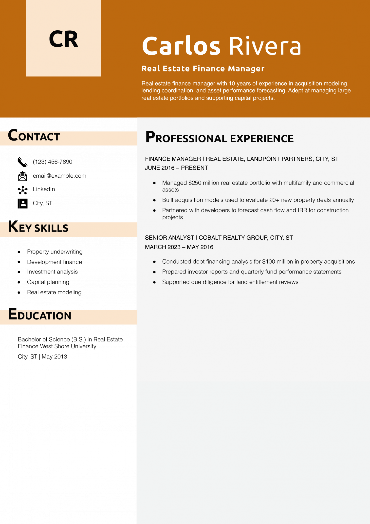Real Estate Finance Manager Resume Example
