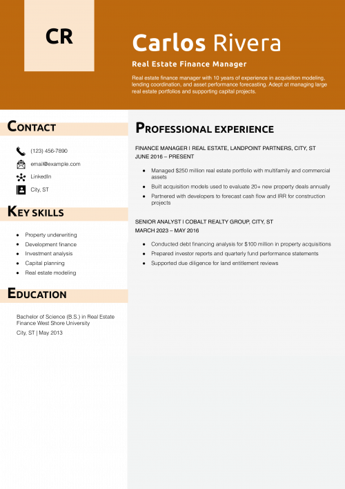 Real Estate Finance Manager Resume Example