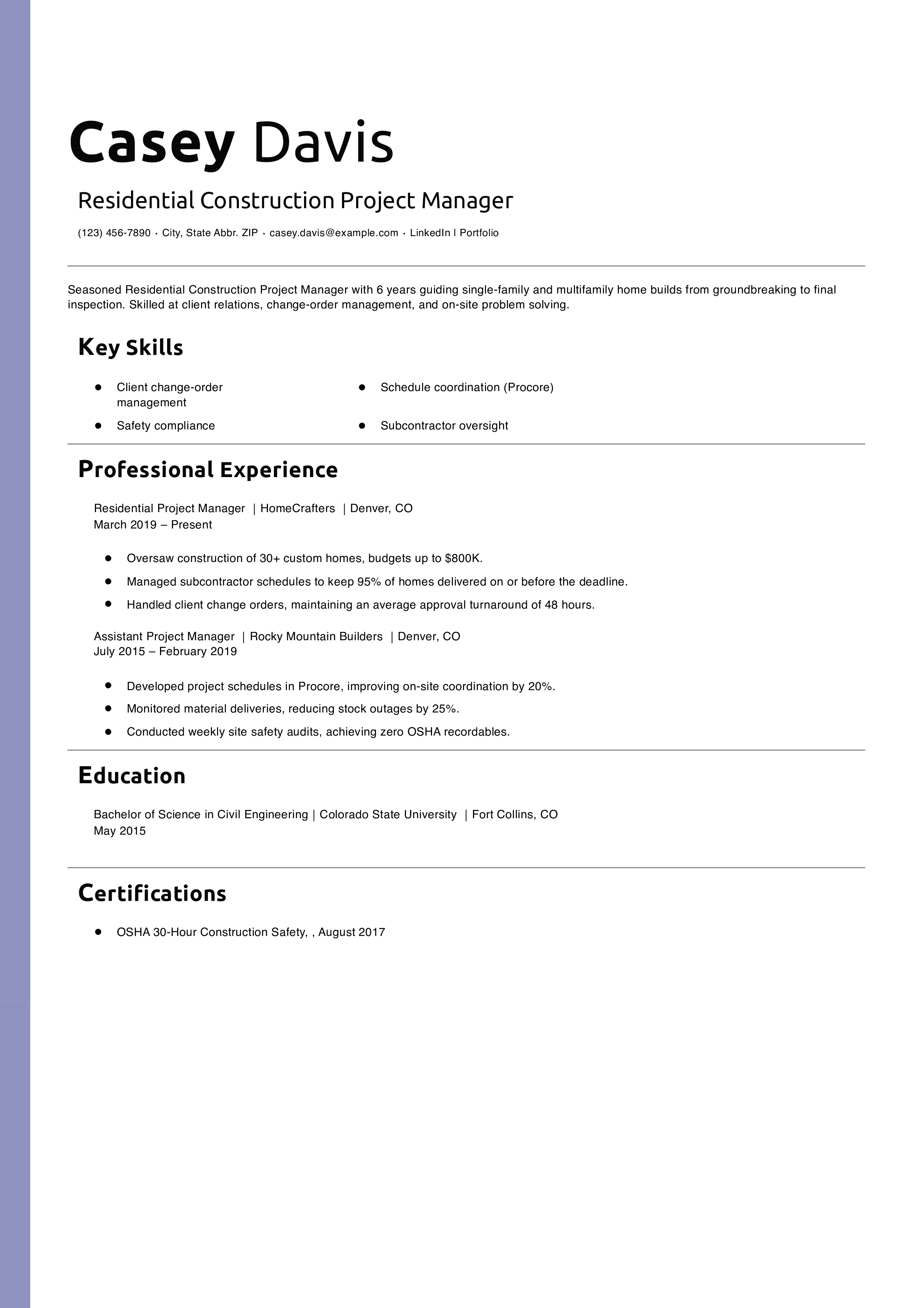 Residential Construction Project Manager Resume Example  