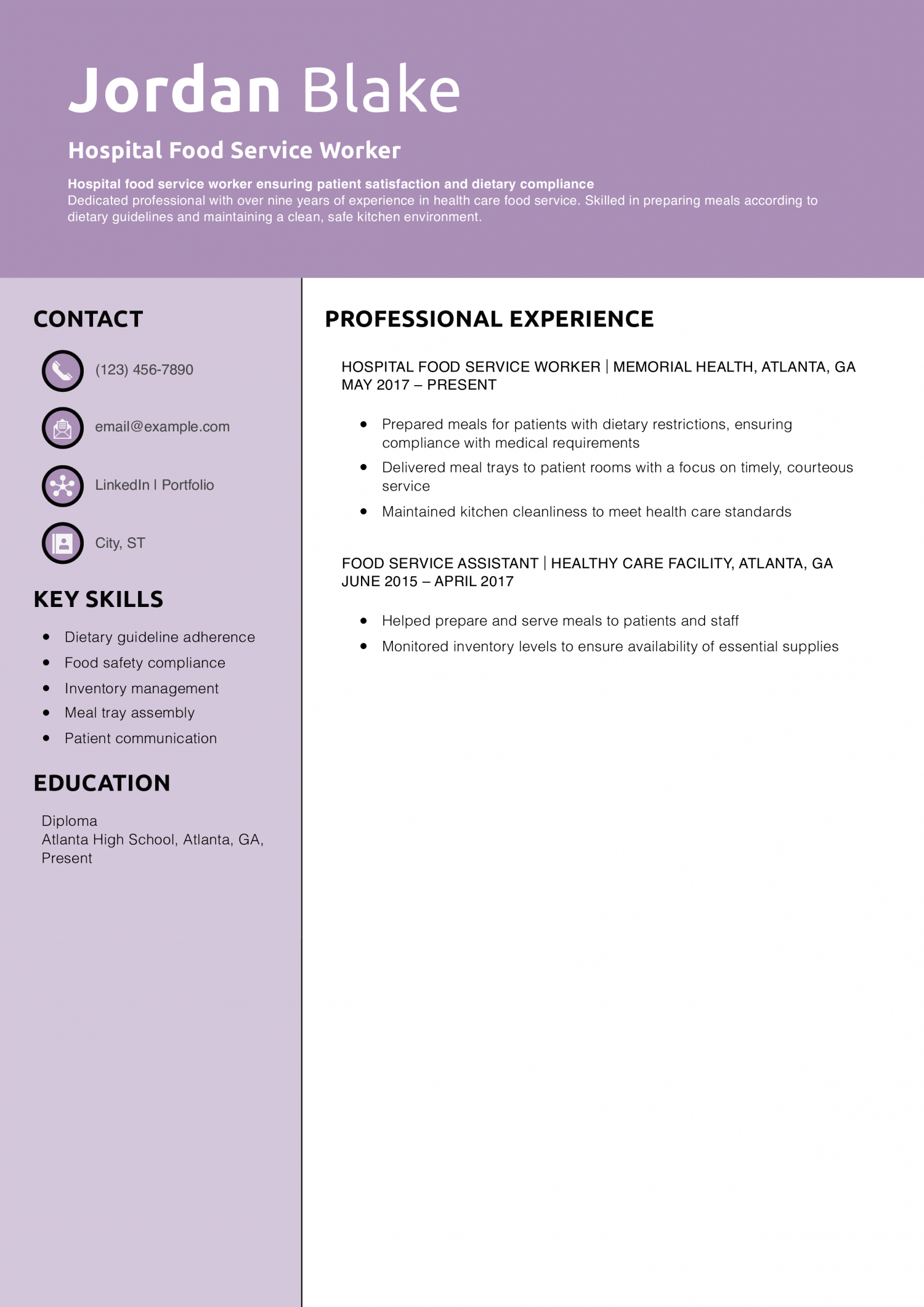 Hospital Food Service Worker Resume